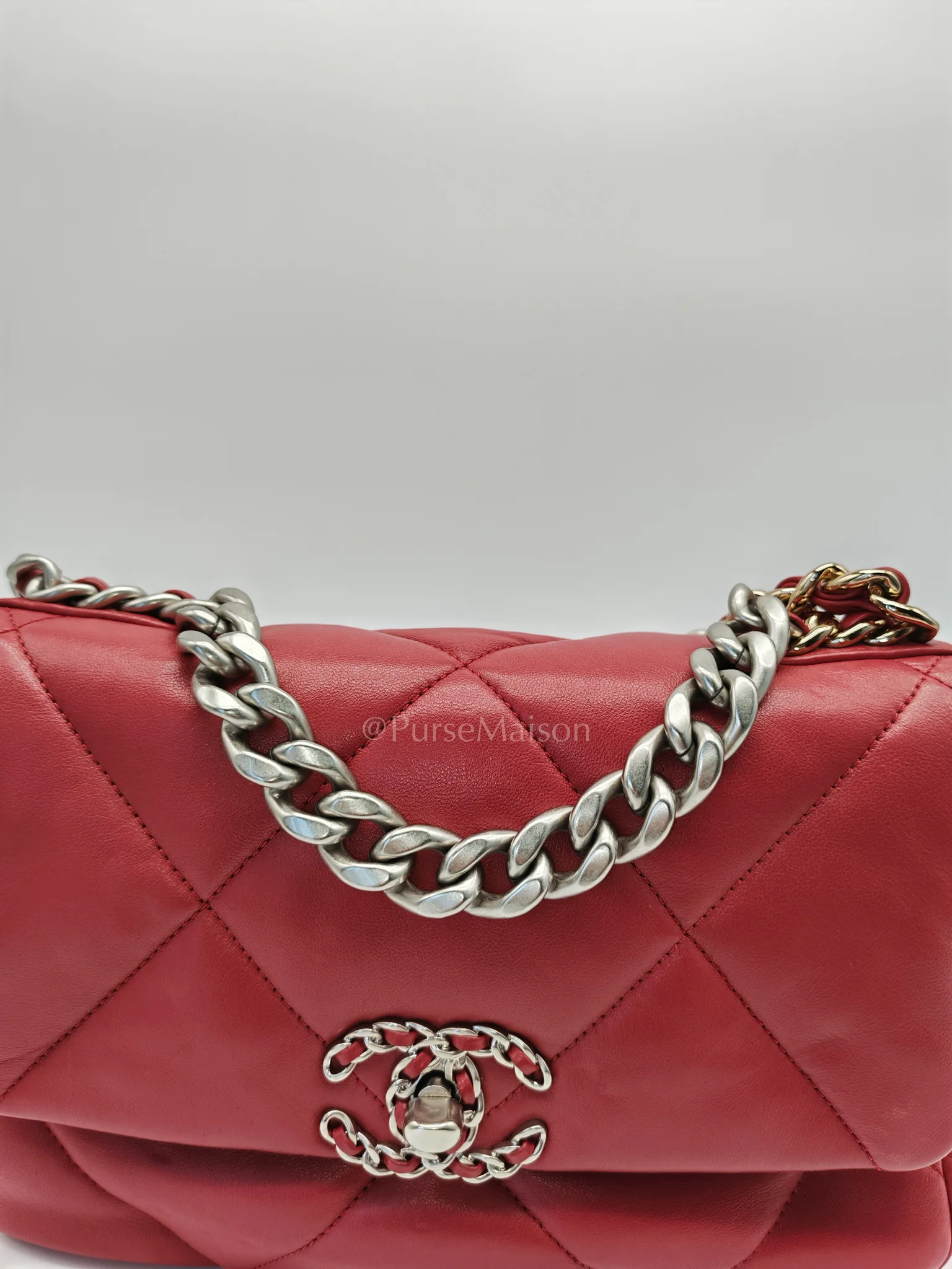 Chanel 19 Flap Bag in Dark Pink Lambskin Leather and Mix Hardware Microchip - Image 15