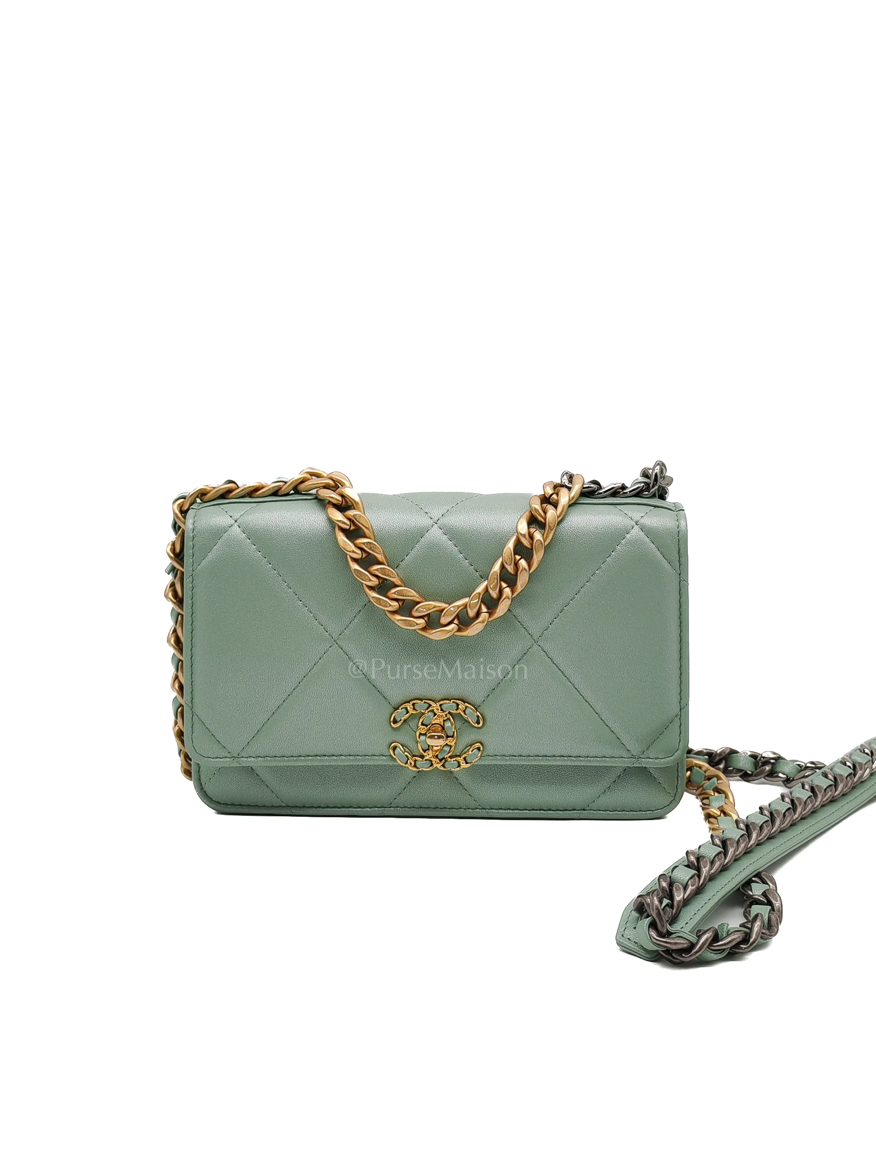 Chanel 19 Wallet on Chain in Light Green Lambskin Leather & Gold Hardware Microchip