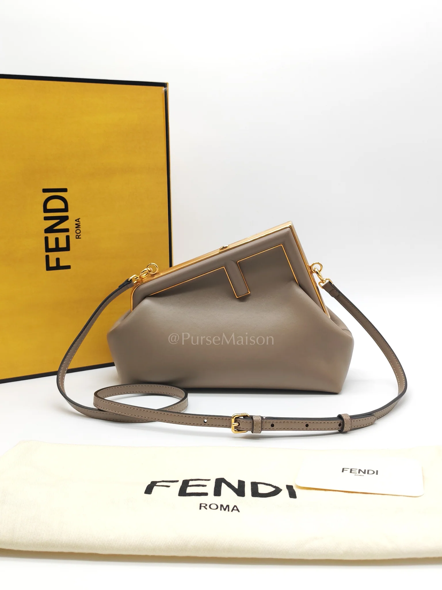 Fendi First Small Nappa in Shiny Torto Dark Beige Smooth Calfskin Leather - Image 36