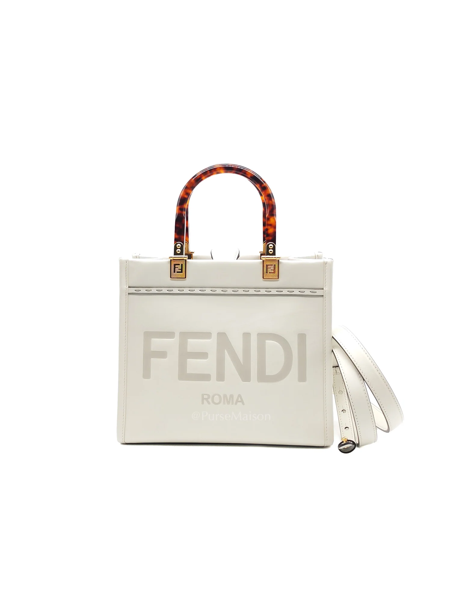 Fendi 2-Way Sunshine Tote Bag Small in White & Tortoiseshell Plexiglass Handle