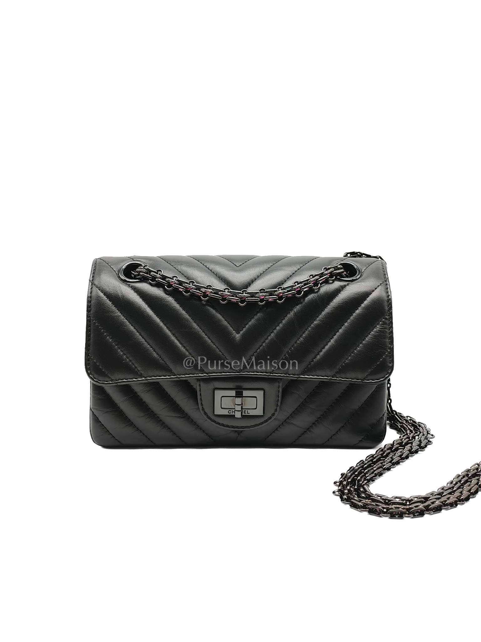 Chanel 20A Mini Reissue Mademoiselle Flap 2.55 in Chevron Aged Calfskin Leather So Black Hardware (Series 30)