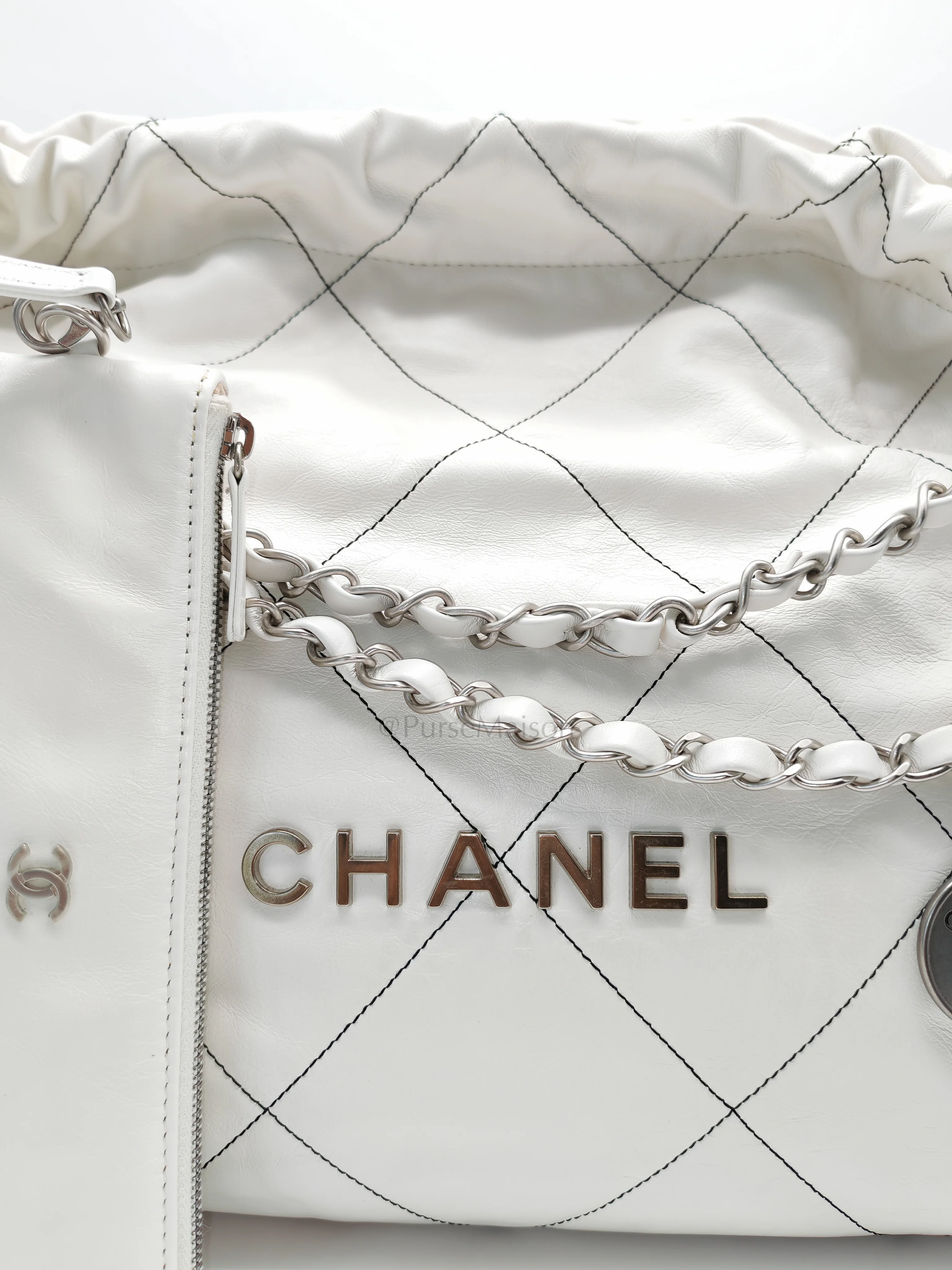 Chanel 22 in White Quilted Calfskin Leather & Silver Hardware Microchip - Image 12