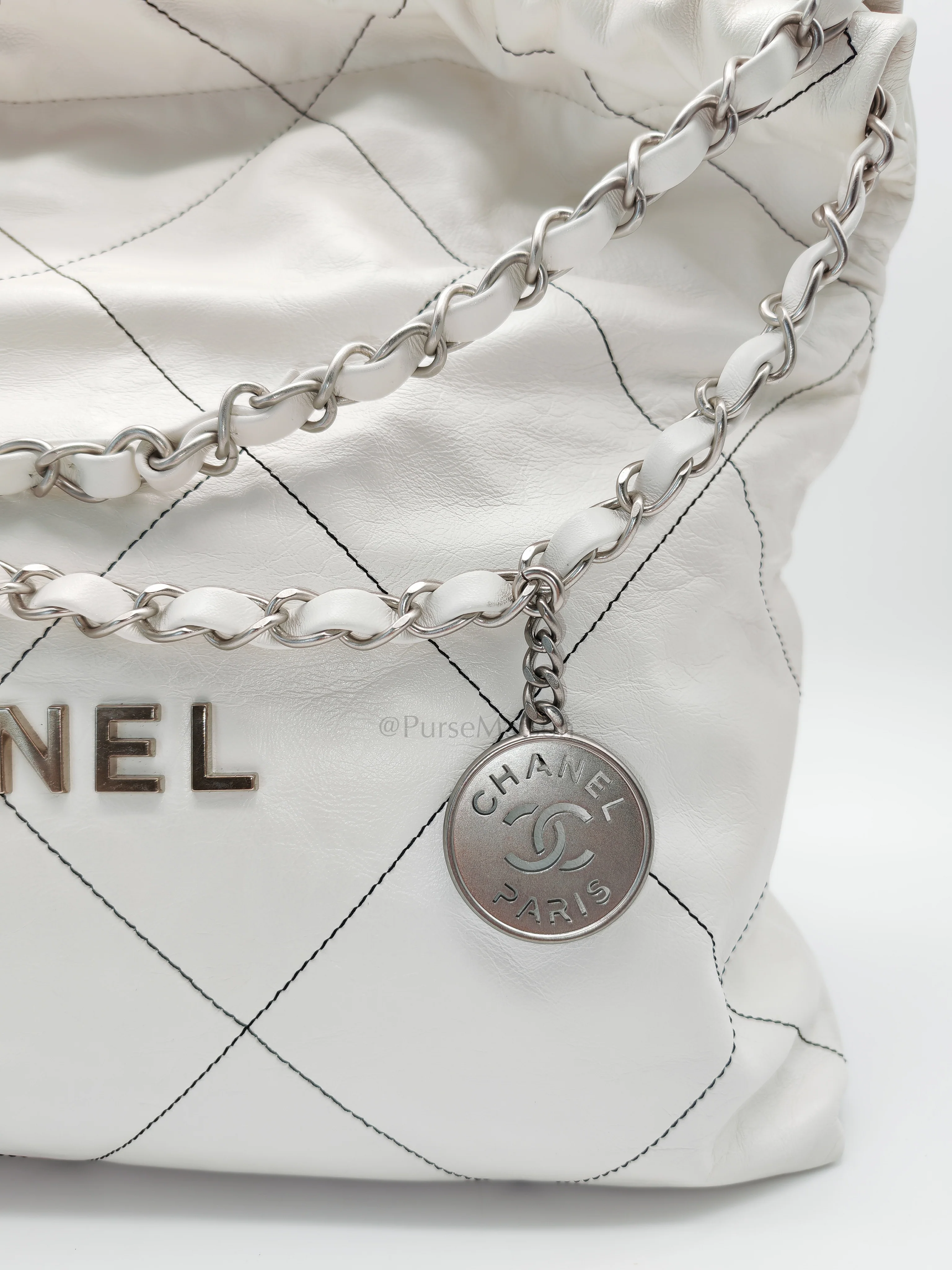 Chanel 22 in White Quilted Calfskin Leather & Silver Hardware Microchip - Image 13