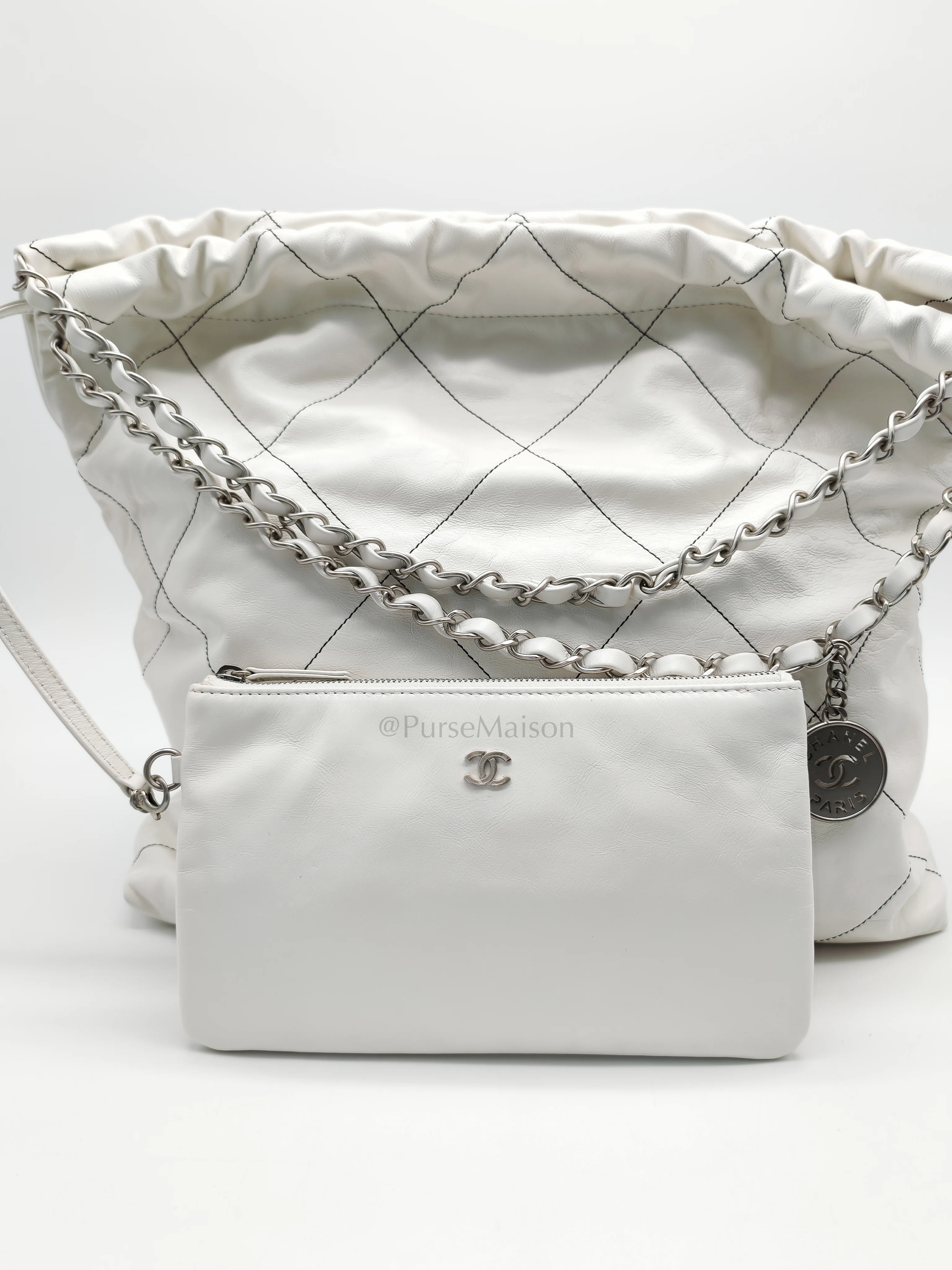 Chanel 22 in White Quilted Calfskin Leather & Silver Hardware Microchip - Image 14
