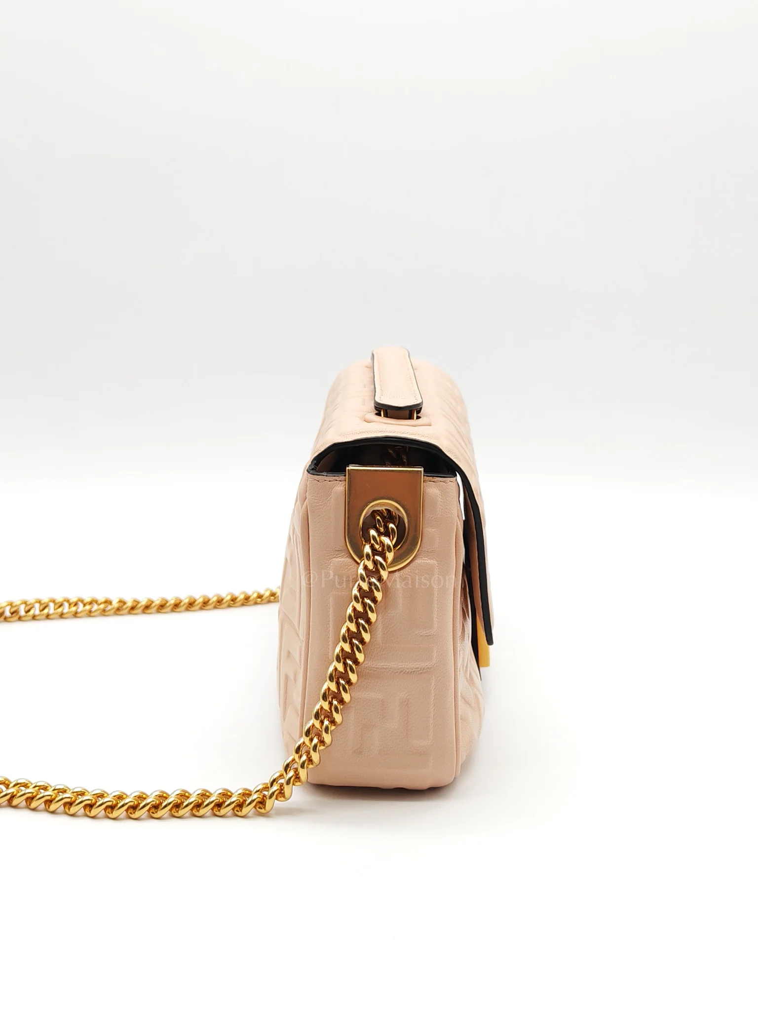 Fendi Baguette Chain Midi Bag in Light Rose Nappa FF Embossed Leather & Gold Hardware - Image 6