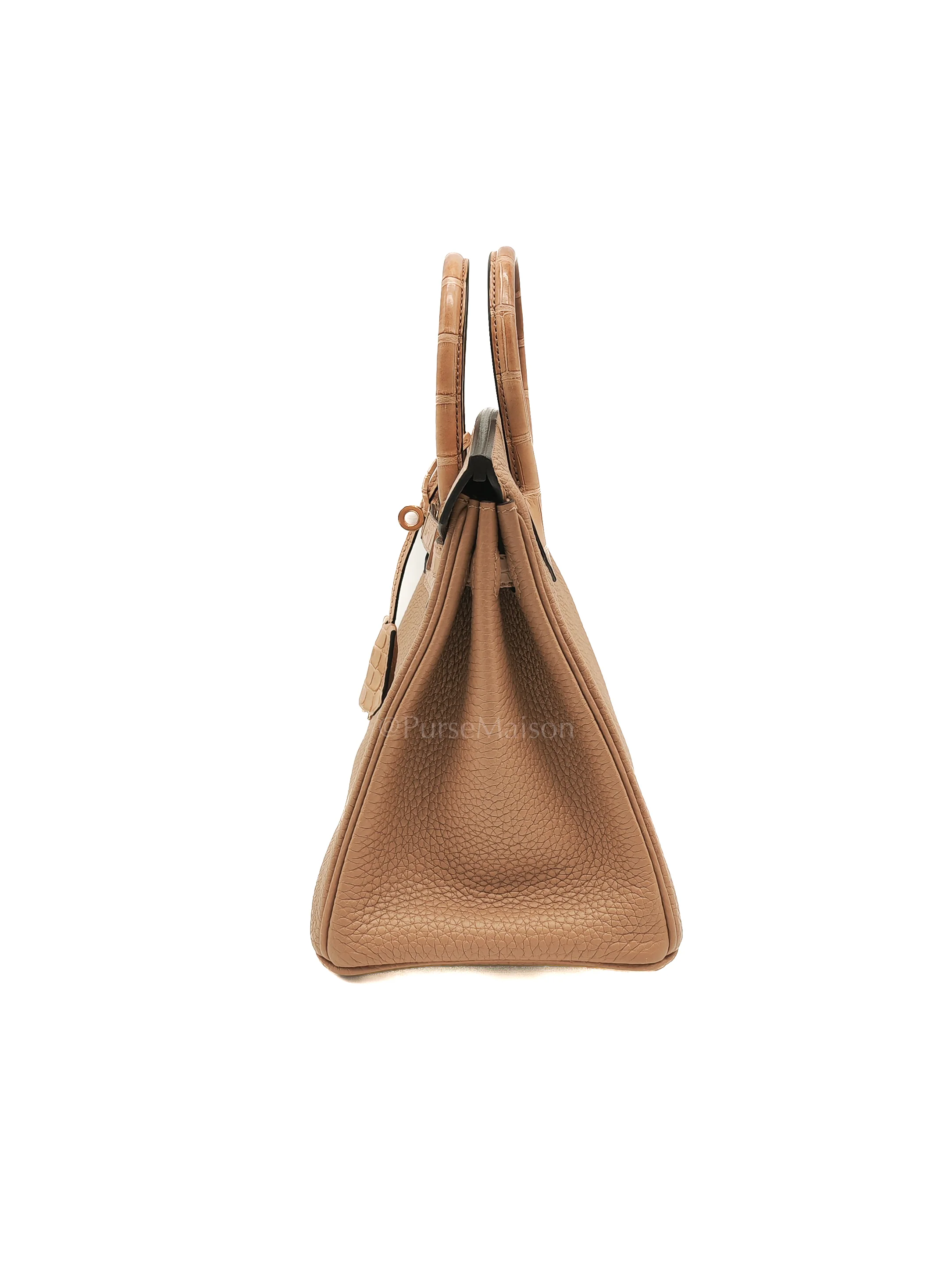 Hermes Birkin 25 Retourne Touch in Chai Togo and Alligator Leather in Permabrass Hardware Stamp U (2022) - Image 6