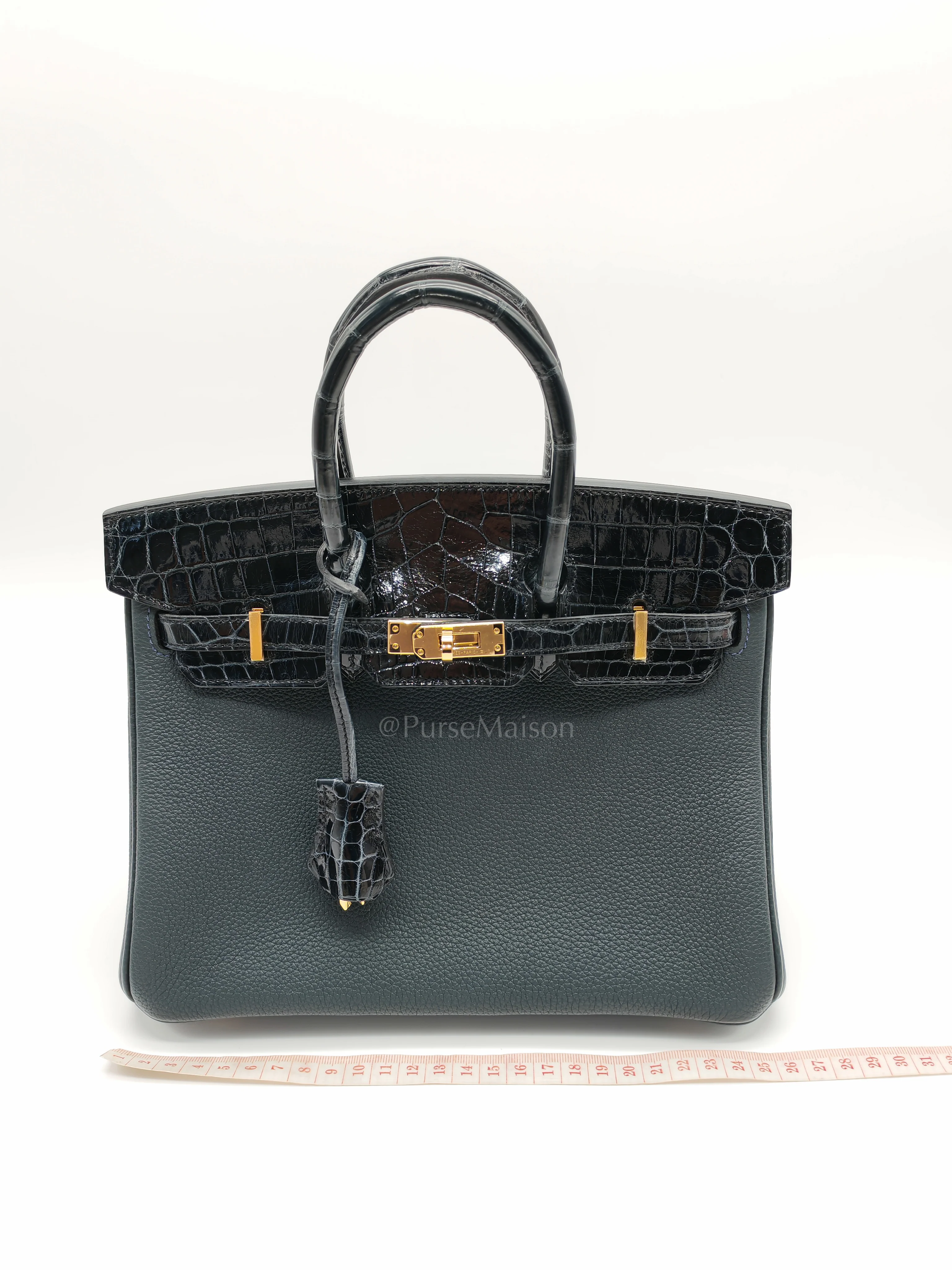 Hermes Birkin 25 Vert Rousseau Togo Leather & Croc Touch Gold Hardware Stamp Y(2020) - Image 23