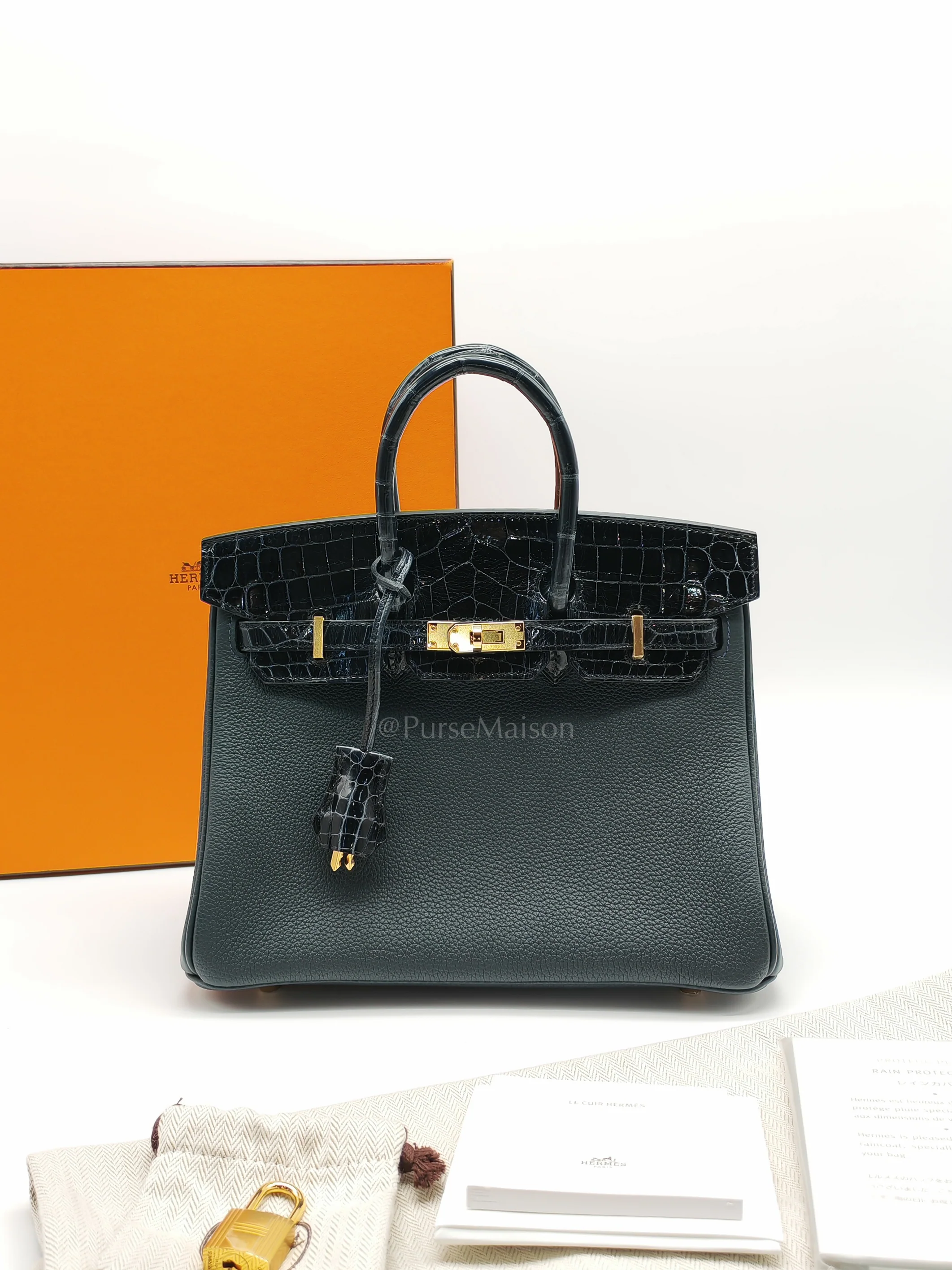Hermes Birkin 25 Vert Rousseau Togo Leather & Croc Touch Gold Hardware Stamp Y(2020) - Image 26