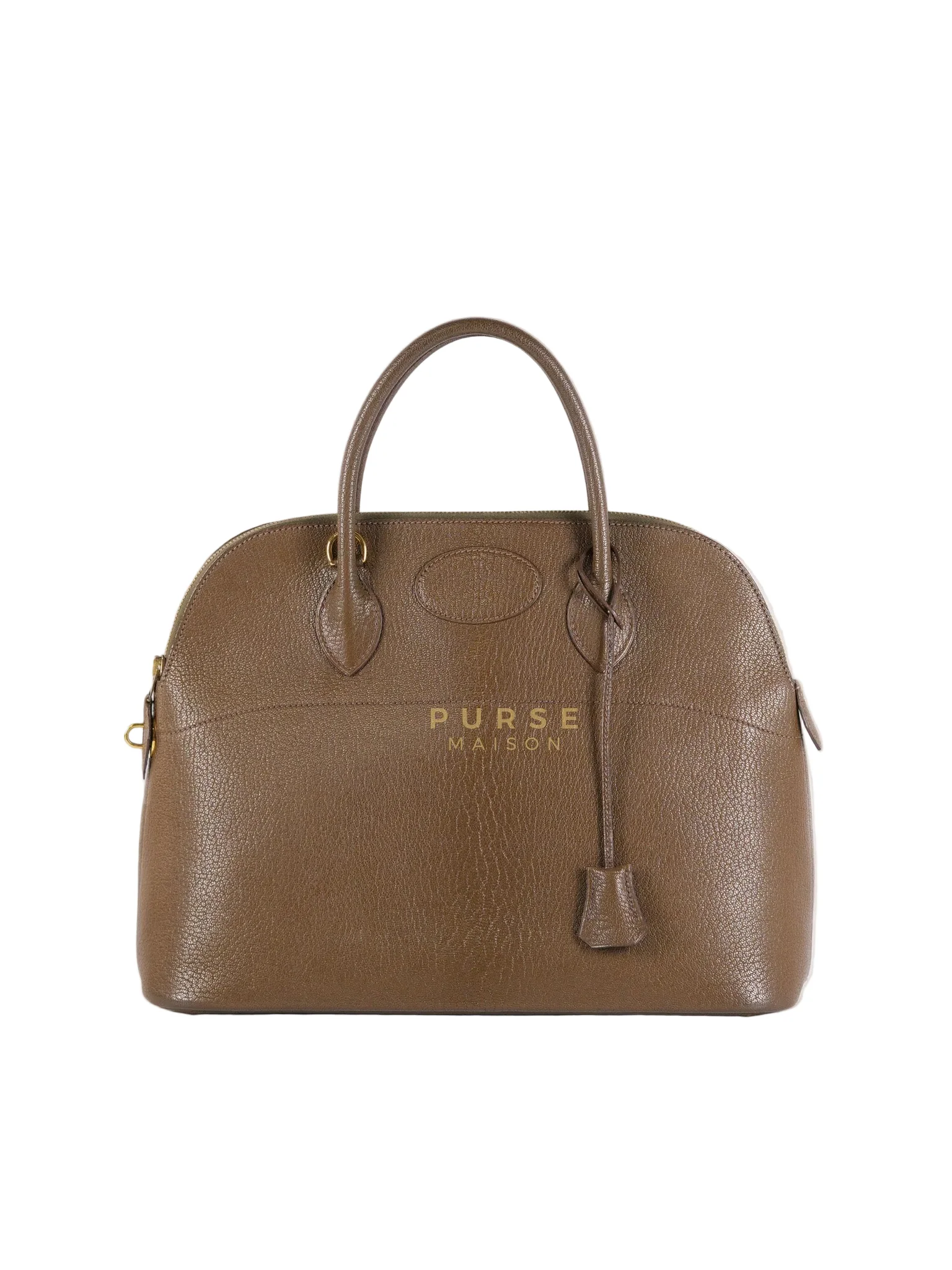 Hermes Bolide 35 in Dark Toupe Chèvre Mysore Leather Gold Hardware Stamp F Square(2002)