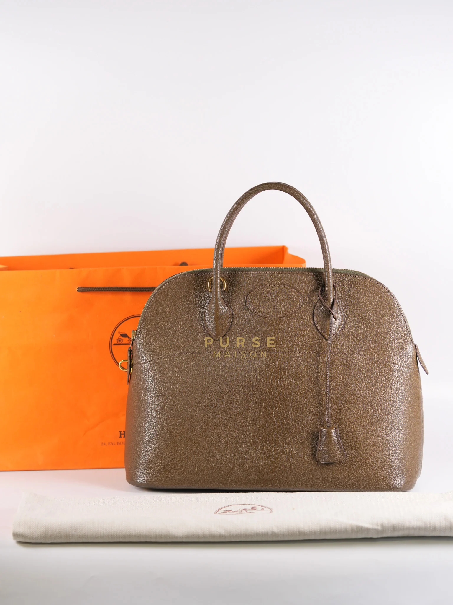 Hermes Bolide 35 in Dark Toupe Chèvre Mysore Leather Gold Hardware Stamp F Square(2002) - Image 54
