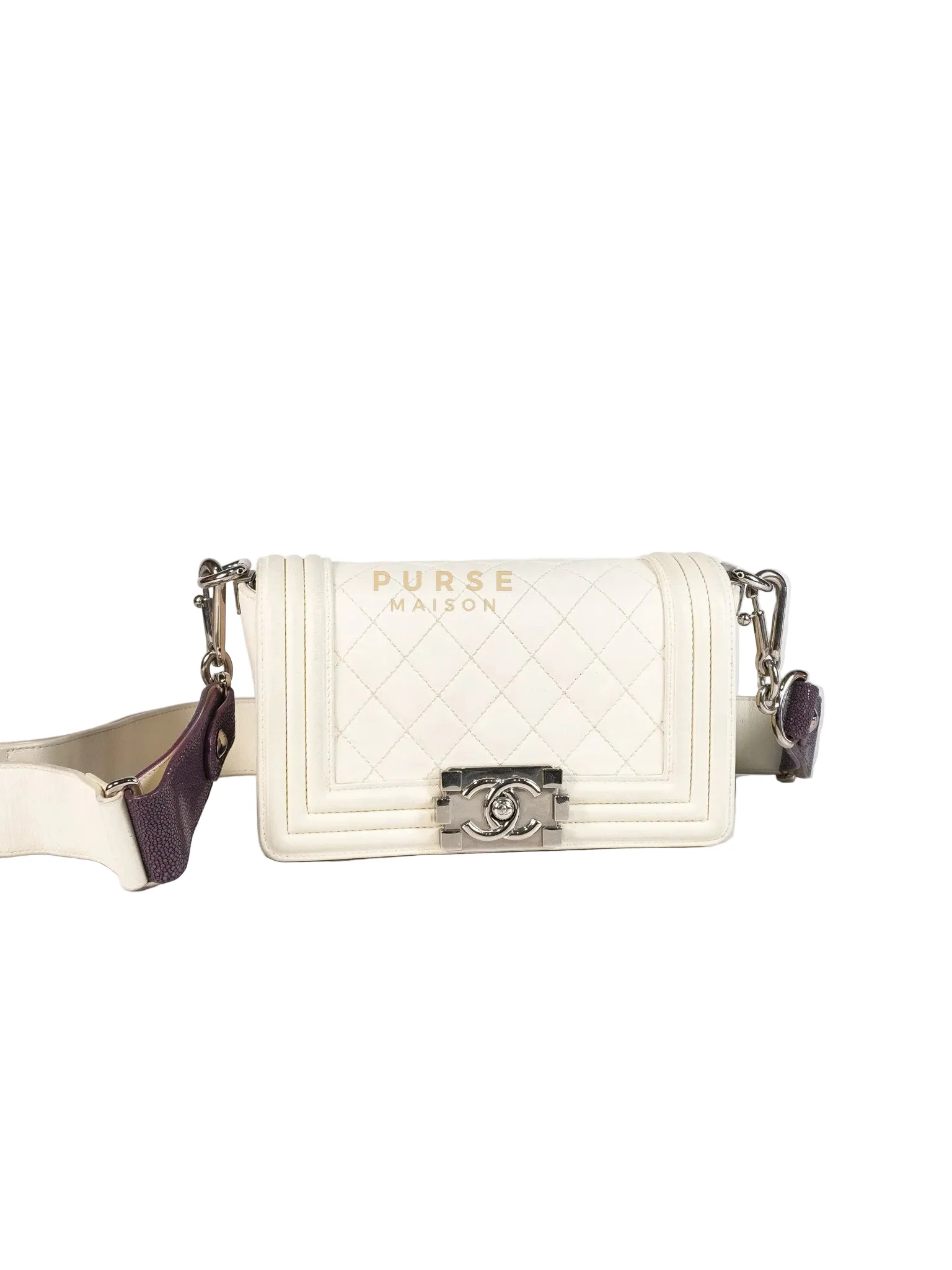 Chanel Boy Galuchat Mini Flap Bag in White Quilted Lambskin Leather & Silver Hardware Series 16 - Image 2