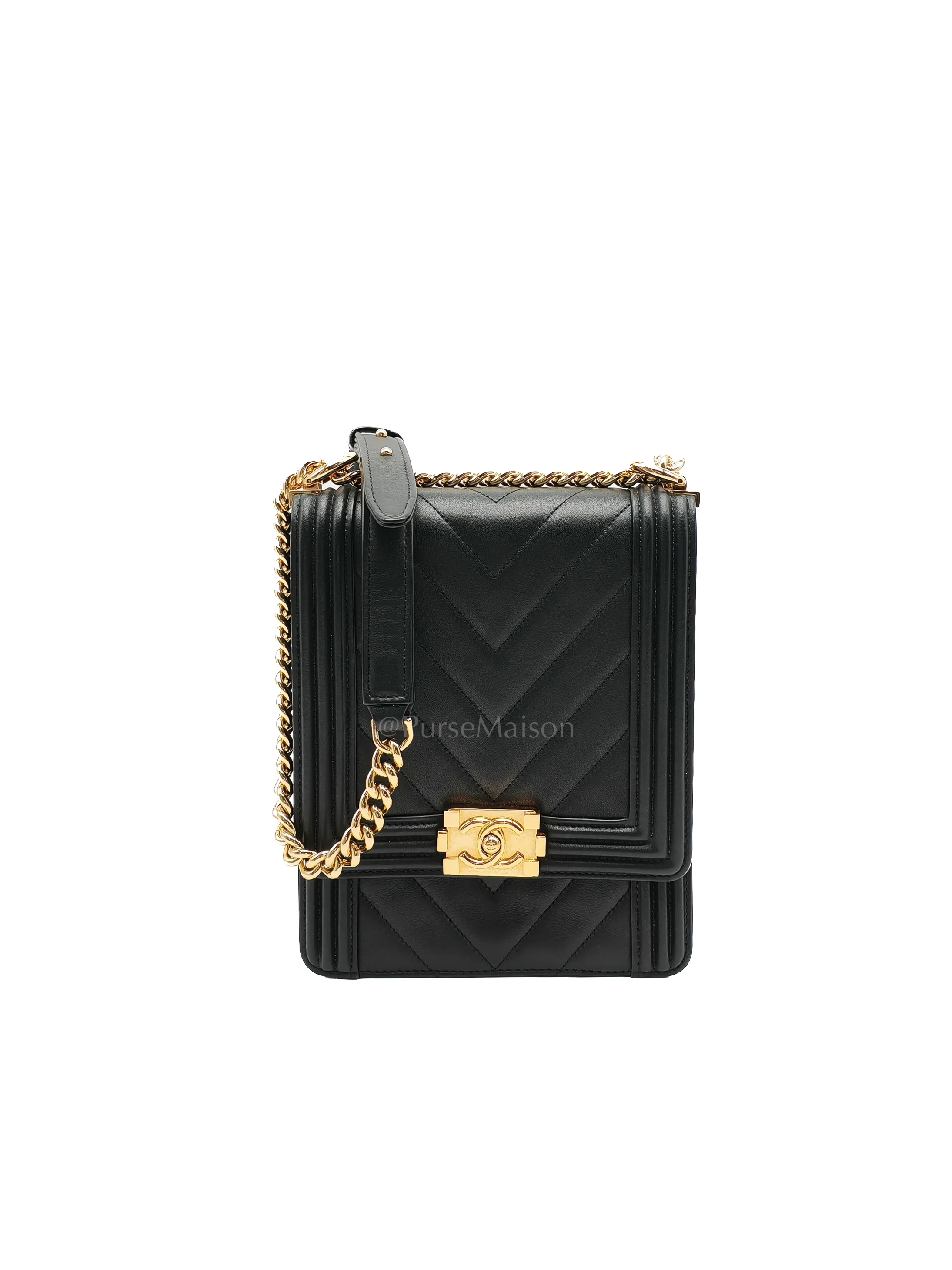 Chanel Boy North South Bag in Black Lambskin Leather & Gold Hardware Series 28