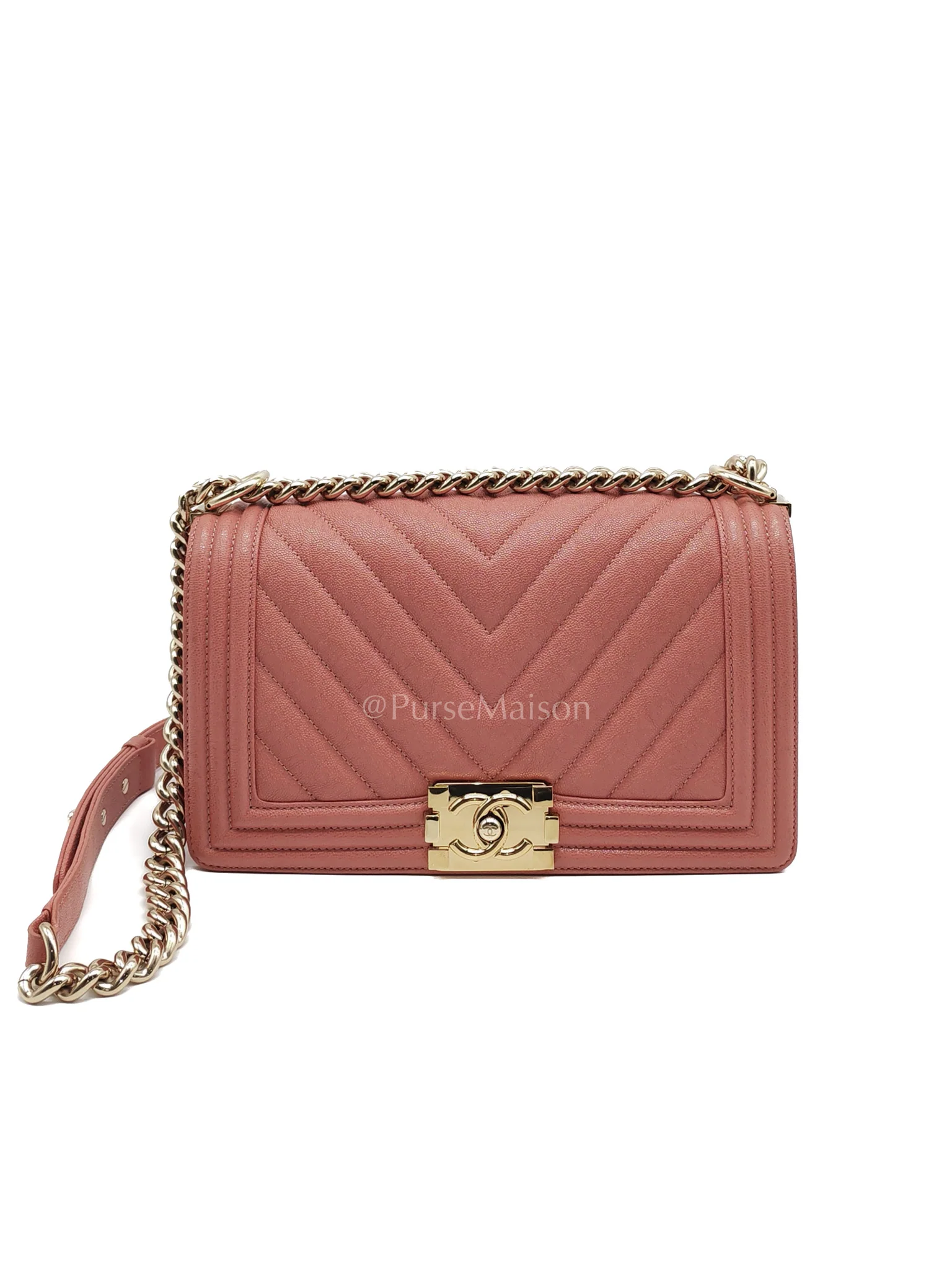 Chanel Boy Old Medium in Salmon Pink Chevron Calfskin Leather and Champagne Hardware Series 28