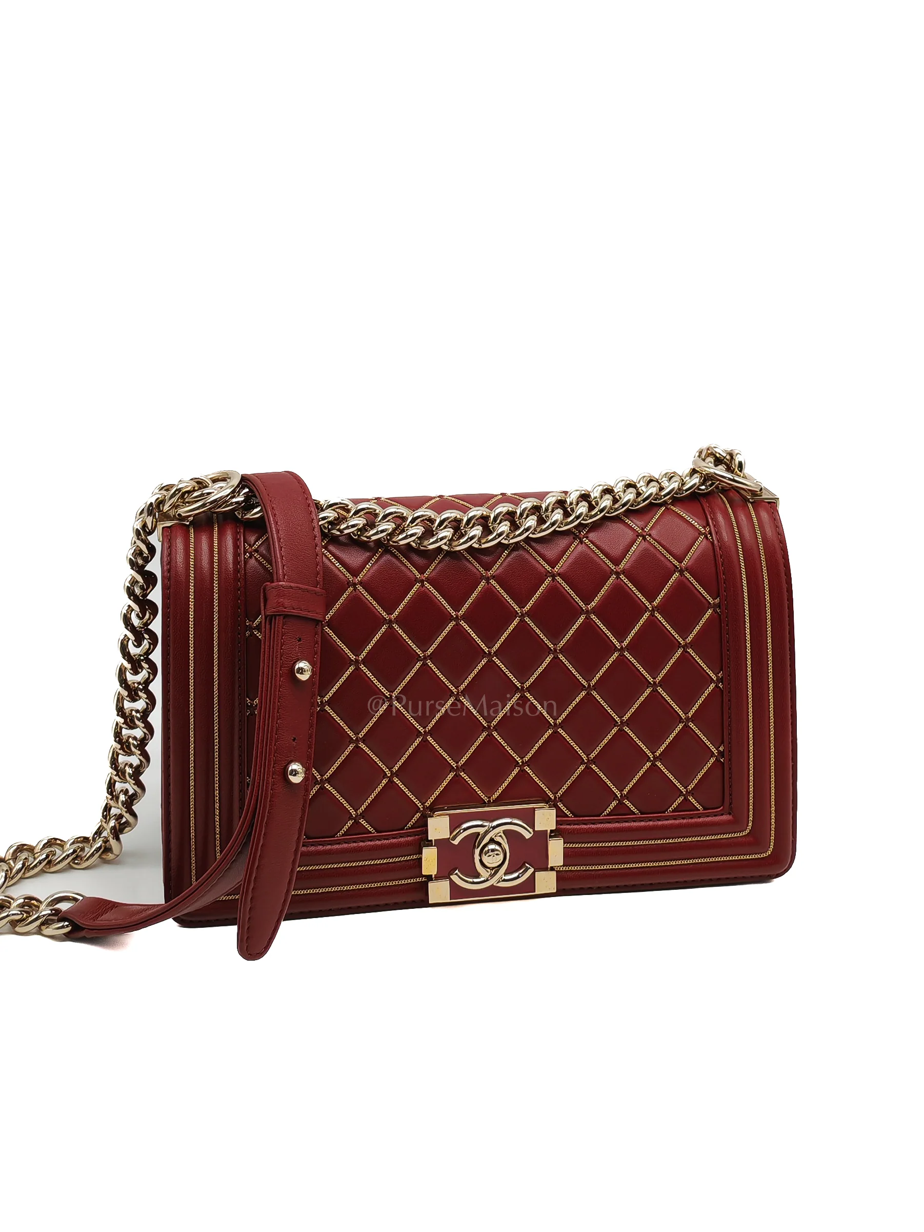 Chanel Boy Old Medium in Striking Red Micro Quilted Calfskin Leather & Light Gold Hardware Series 24 - Image 3