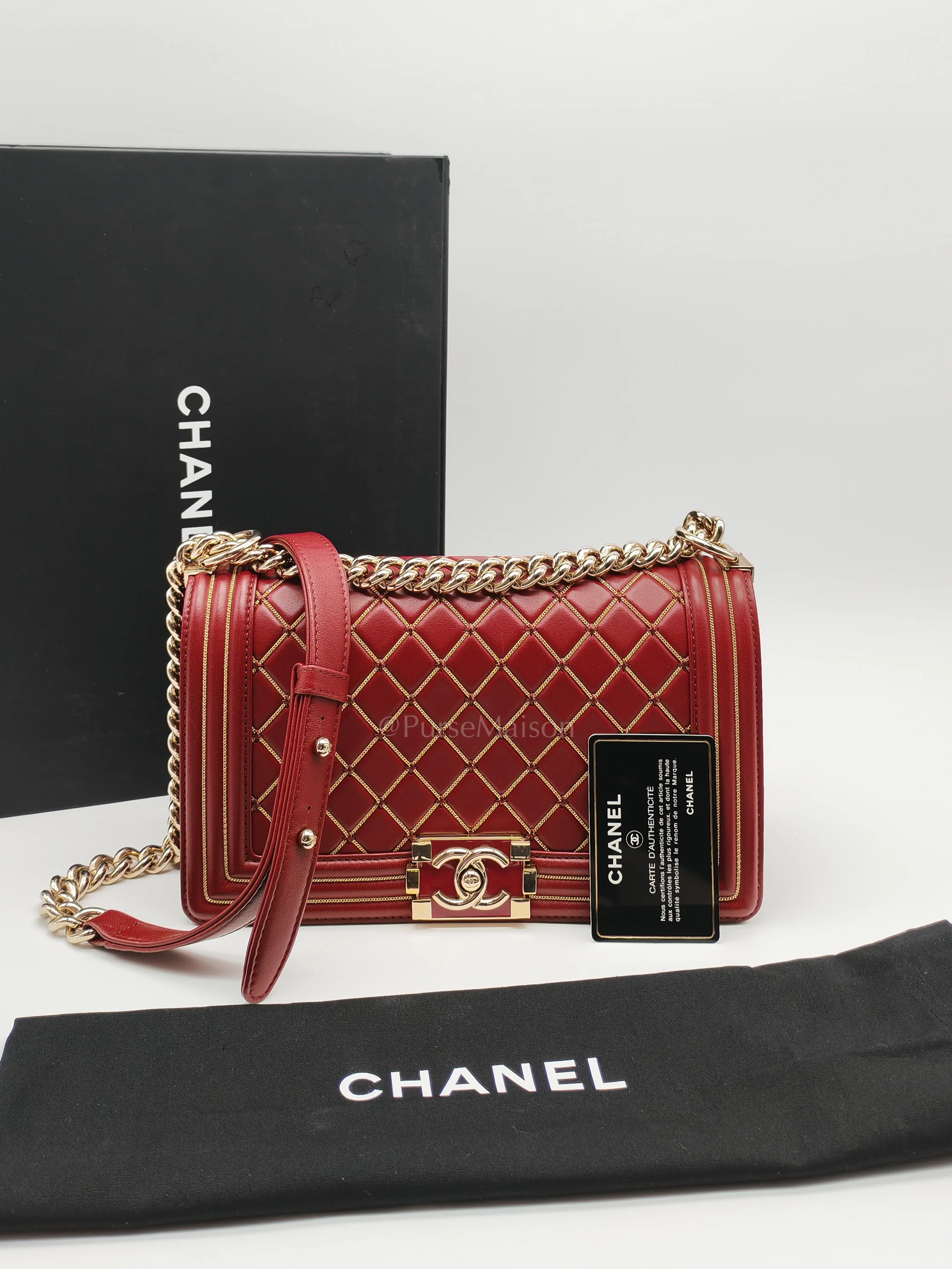 Chanel Boy Old Medium in Striking Red Micro Quilted Calfskin Leather & Light Gold Hardware Series 24 - Image 32