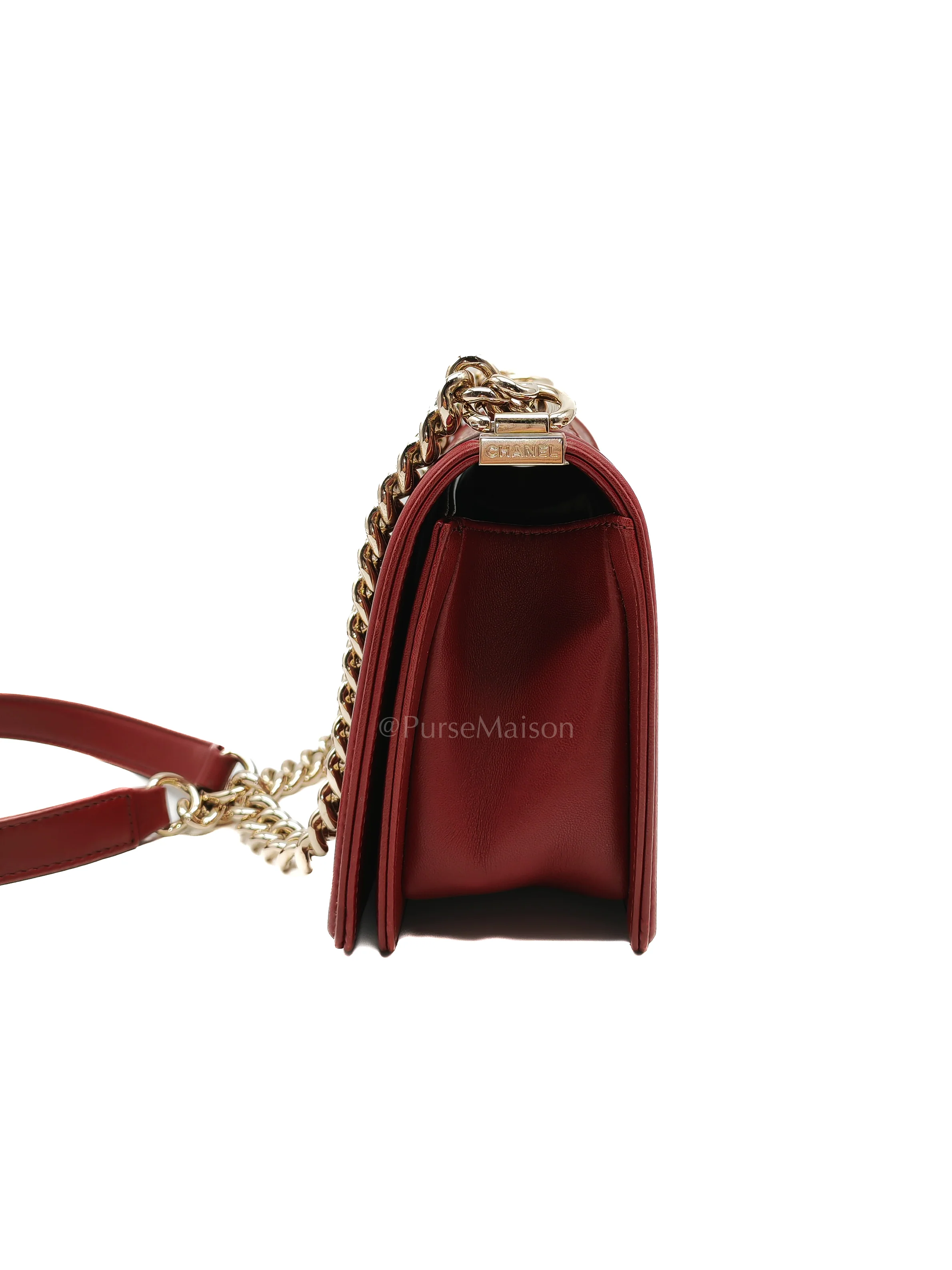 Chanel Boy Old Medium in Striking Red Micro Quilted Calfskin Leather & Light Gold Hardware Series 24 - Image 5