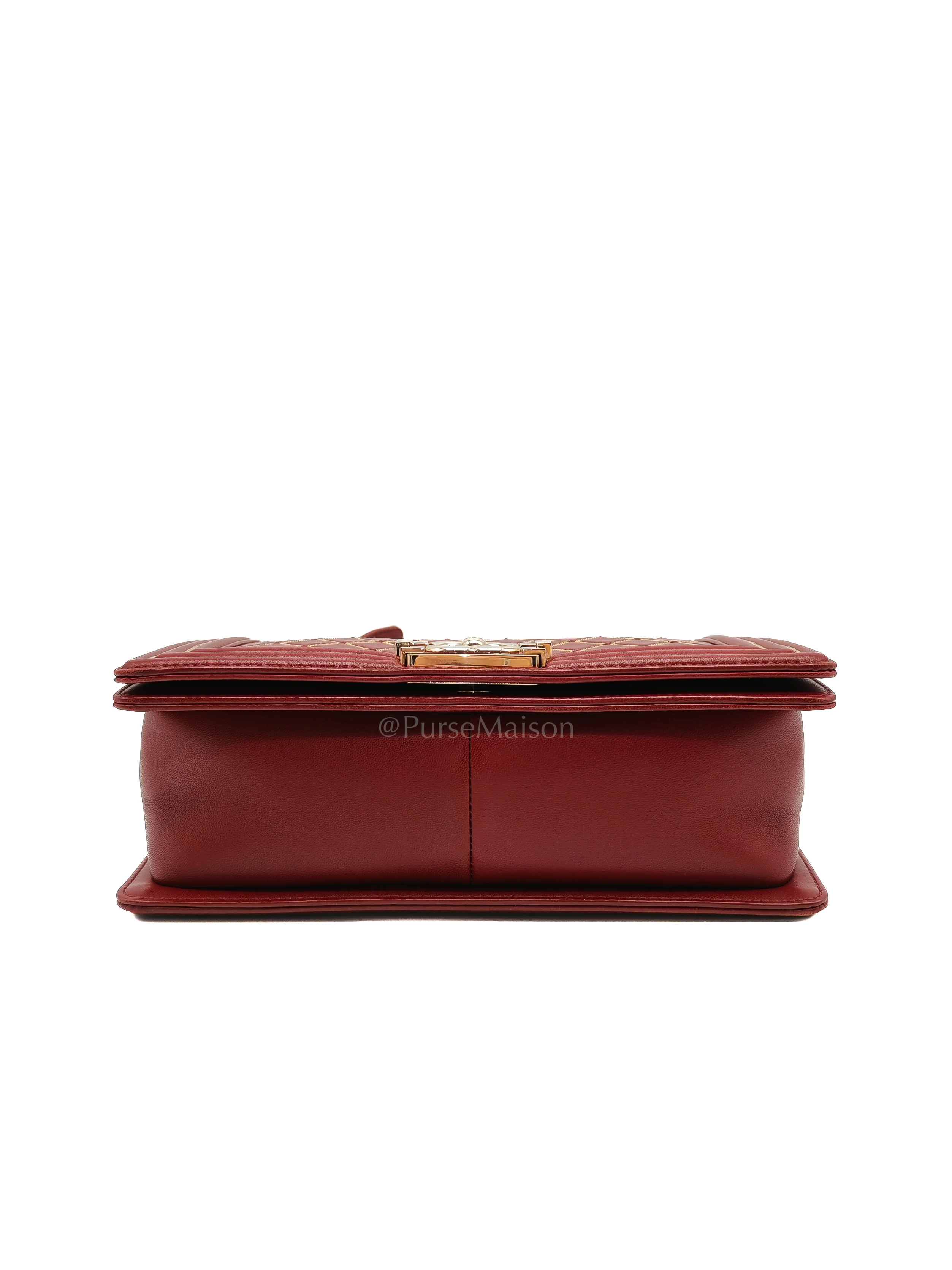 Chanel Boy Old Medium in Striking Red Micro Quilted Calfskin Leather & Light Gold Hardware Series 24 - Image 7