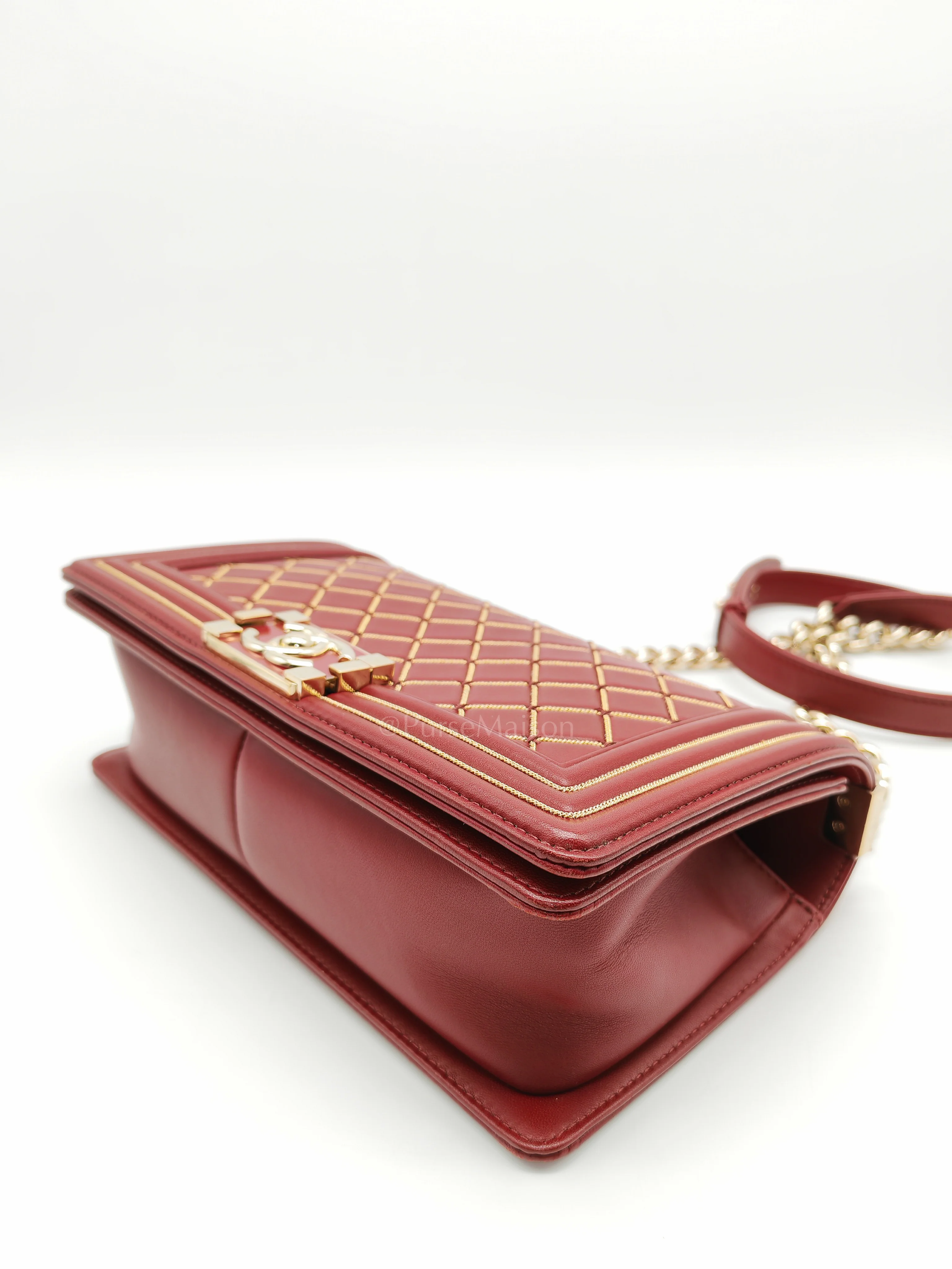 Chanel Boy Old Medium in Striking Red Micro Quilted Calfskin Leather & Light Gold Hardware Series 24 - Image 9