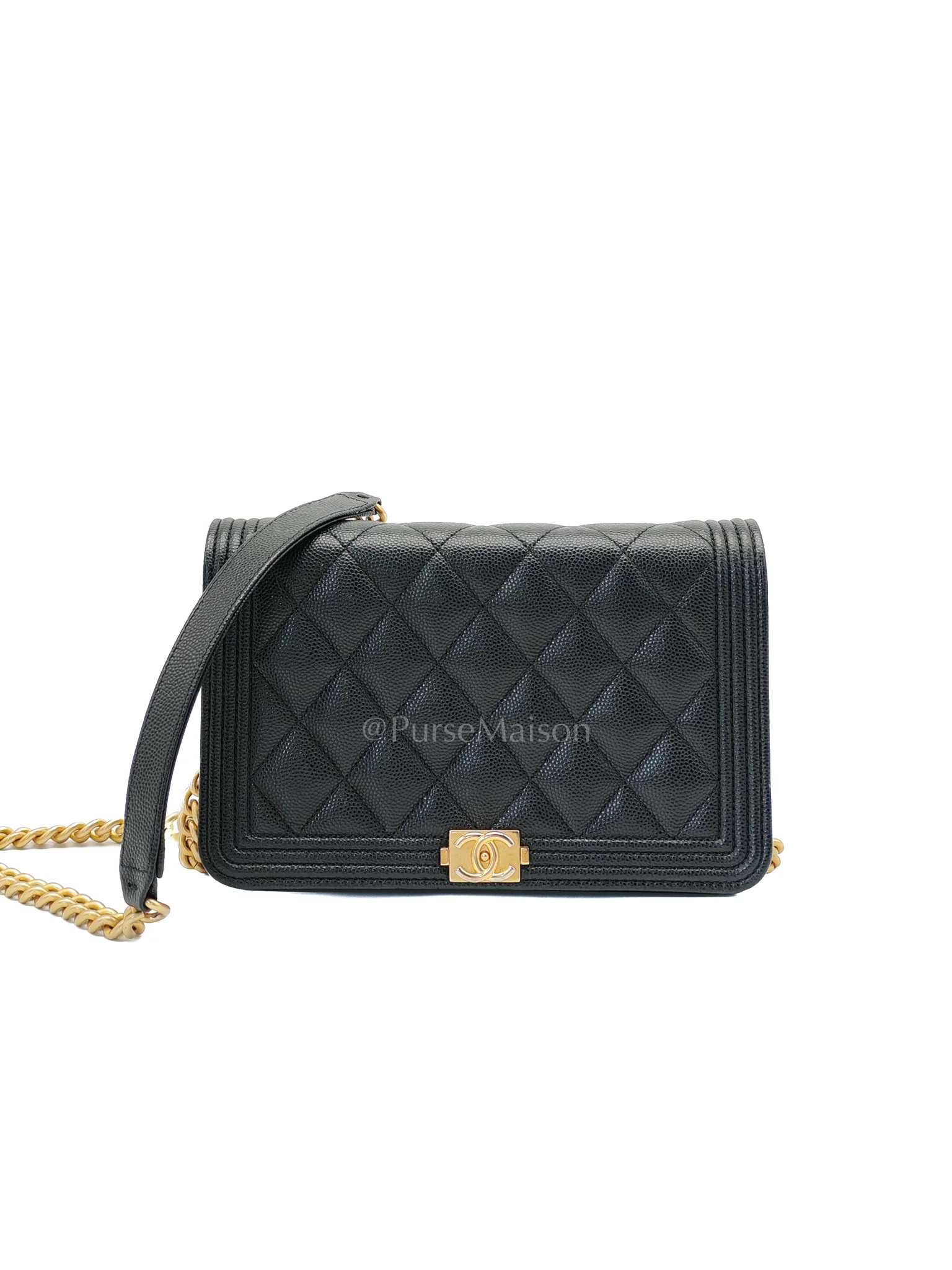 Chanel Boy Wallet On Chain Black Caviar Leather in Aged Gold Hardware(Series 30)