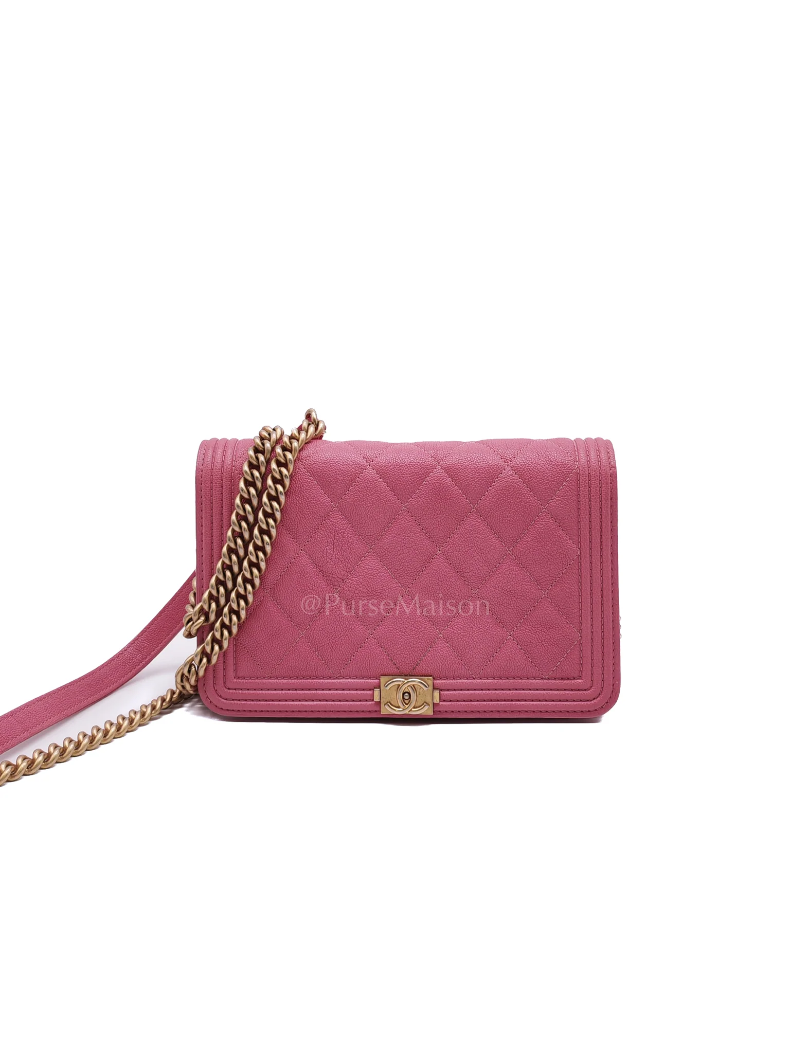 Chanel Boy Wallet On Chain (WOC) in Pink Calfskin Leather and Aged Gold Hardware Series 26
