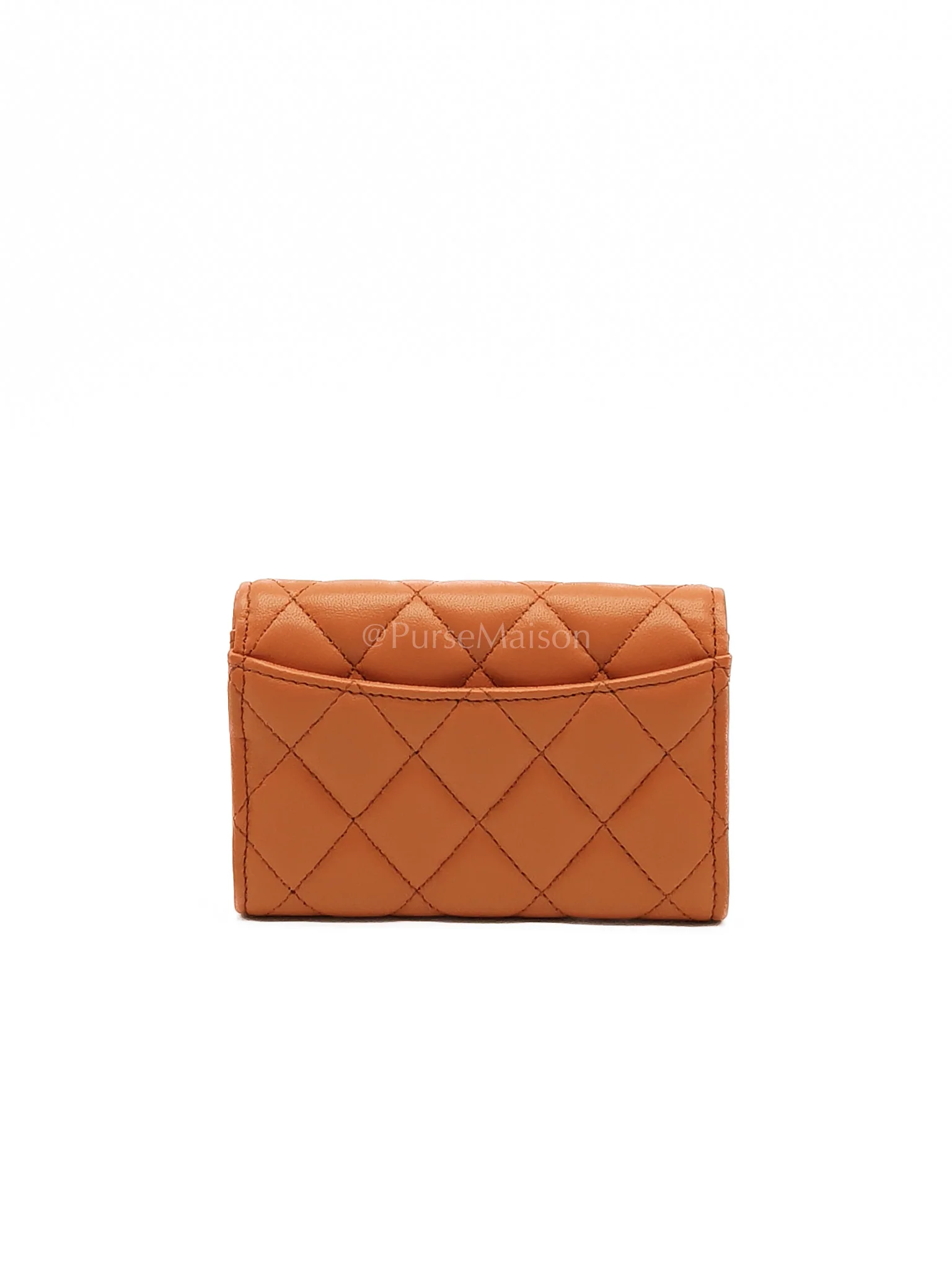 Chanel Flap Card Holder in Orange Quilted Lambskin Leather and Light Gold Hardware (Microchip) - Image 4