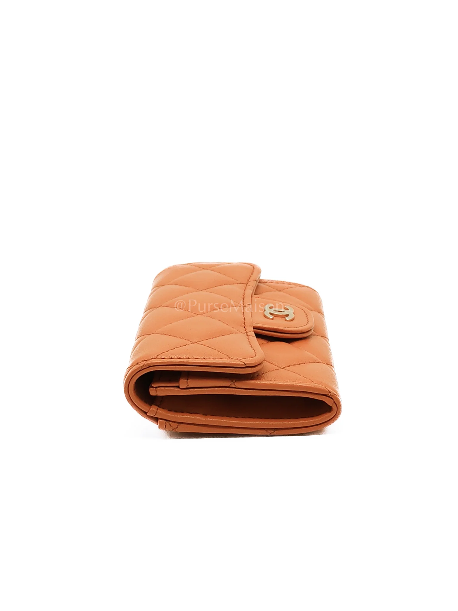Chanel Flap Card Holder in Orange Quilted Lambskin Leather and Light Gold Hardware (Microchip) - Image 5