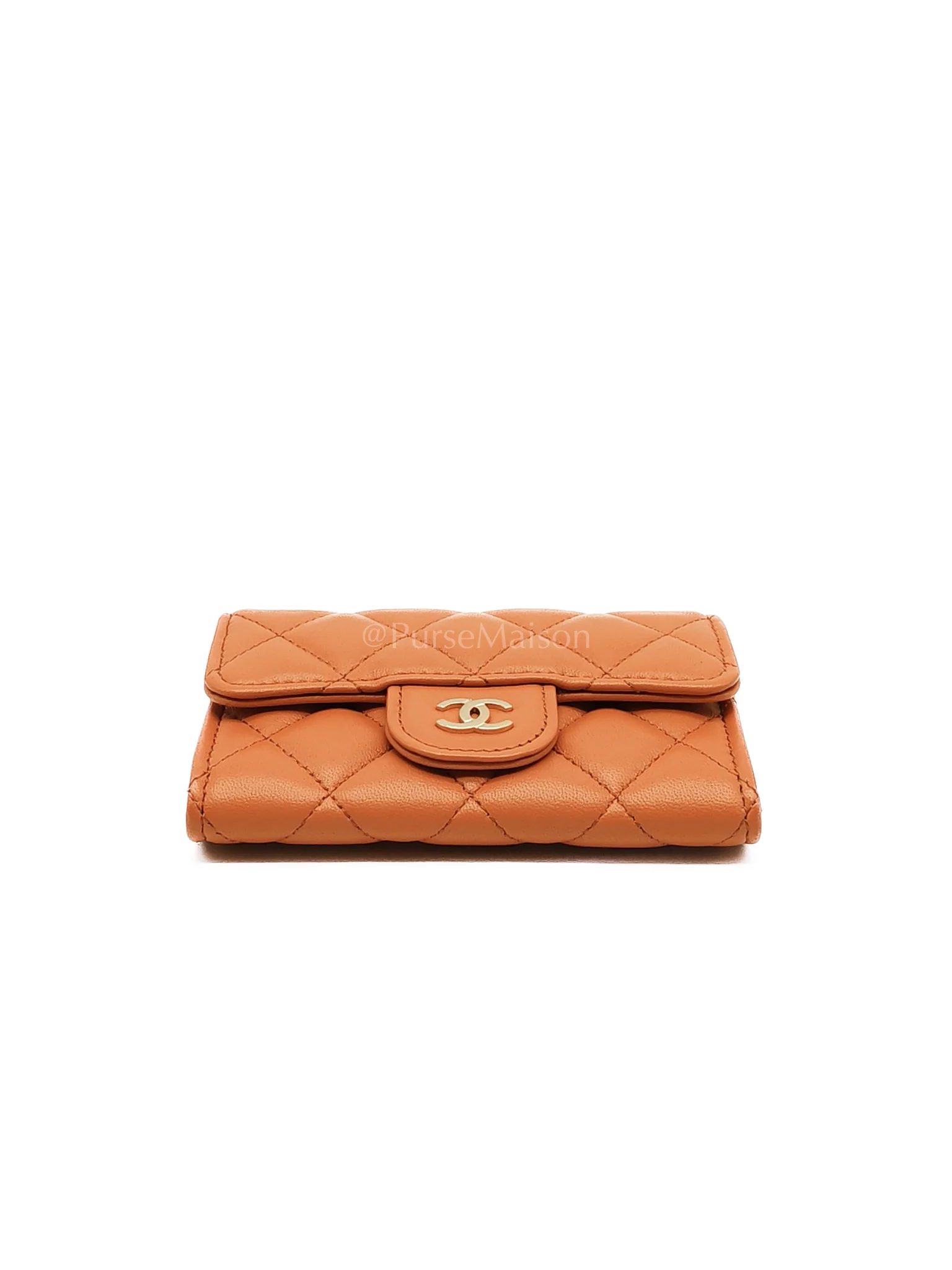 Chanel Flap Card Holder in Orange Quilted Lambskin Leather and Light Gold Hardware (Microchip) - Image 7