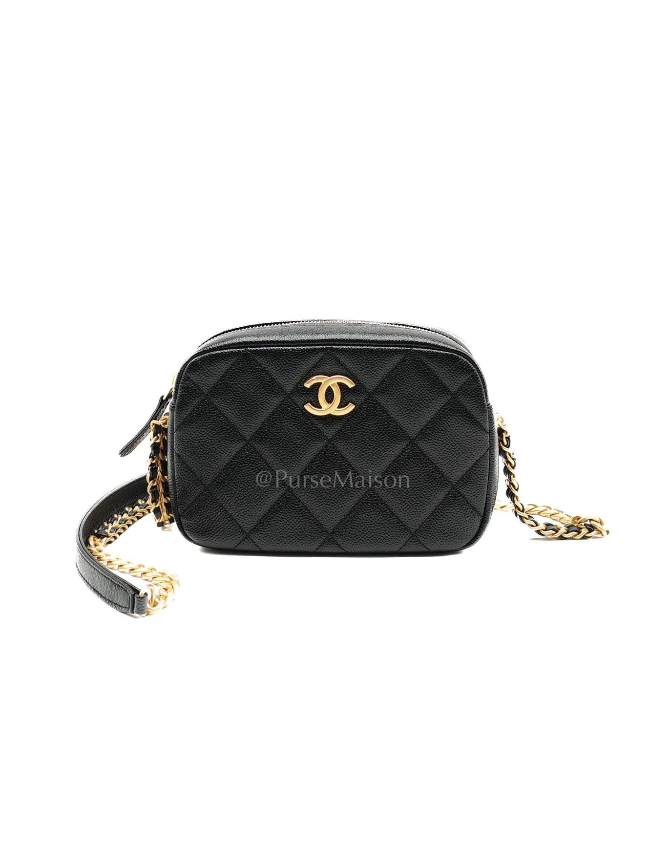 Chanel Camera Bag Mini in Black Quilted Caviar Leather & Aged Gold Hardware Microchip