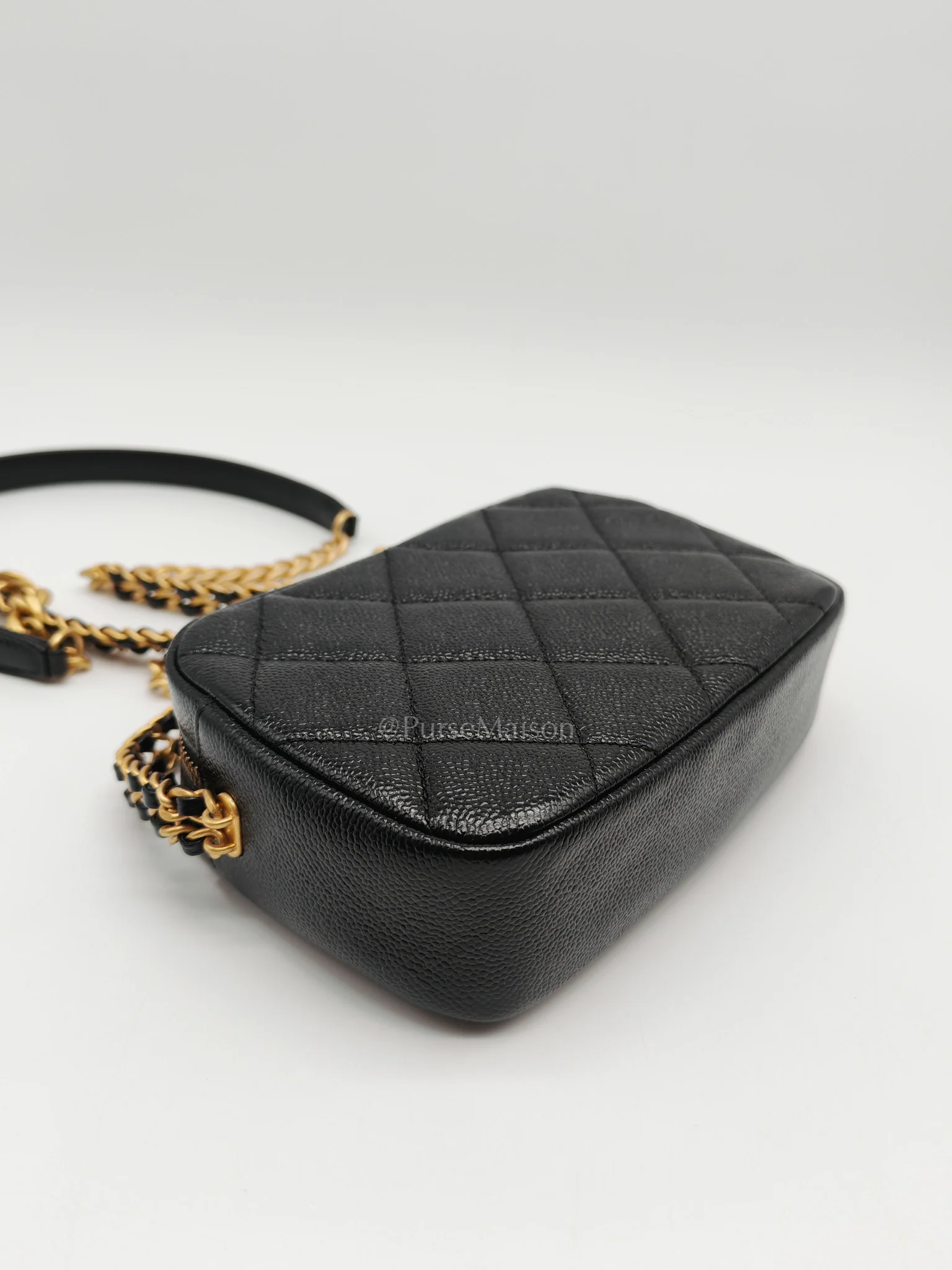 Chanel Camera Bag Mini in Black Quilted Caviar Leather & Aged Gold Hardware Microchip - Image 10