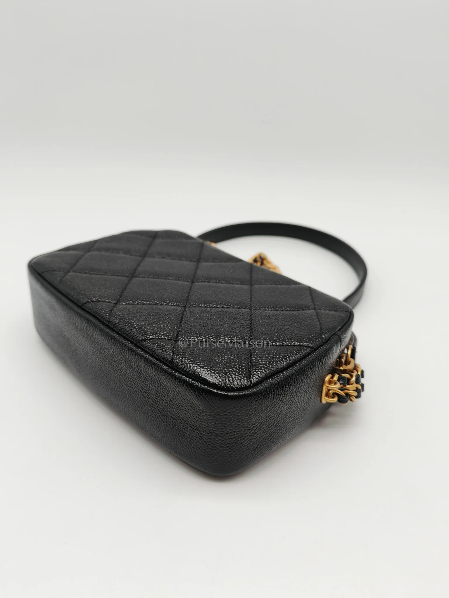 Chanel Camera Bag Mini in Black Quilted Caviar Leather & Aged Gold Hardware Microchip - Image 11