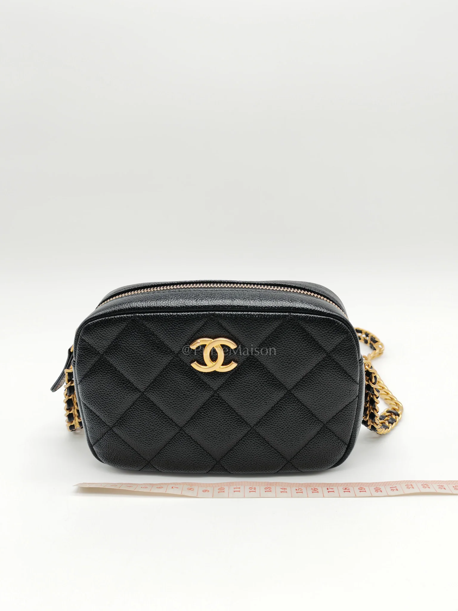 Chanel Camera Bag Mini in Black Quilted Caviar Leather & Aged Gold Hardware Microchip - Image 18