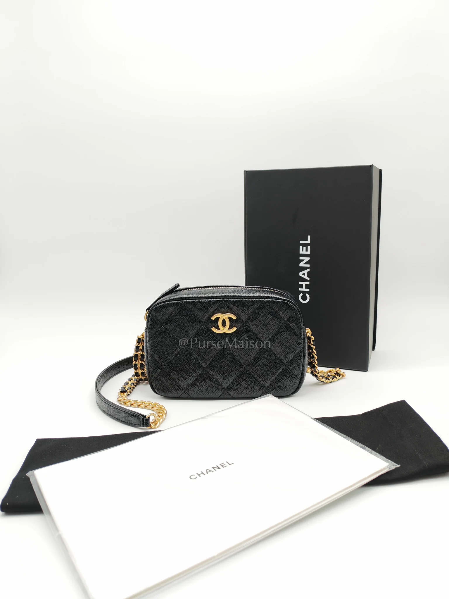 Chanel Camera Bag Mini in Black Quilted Caviar Leather & Aged Gold Hardware Microchip - Image 21