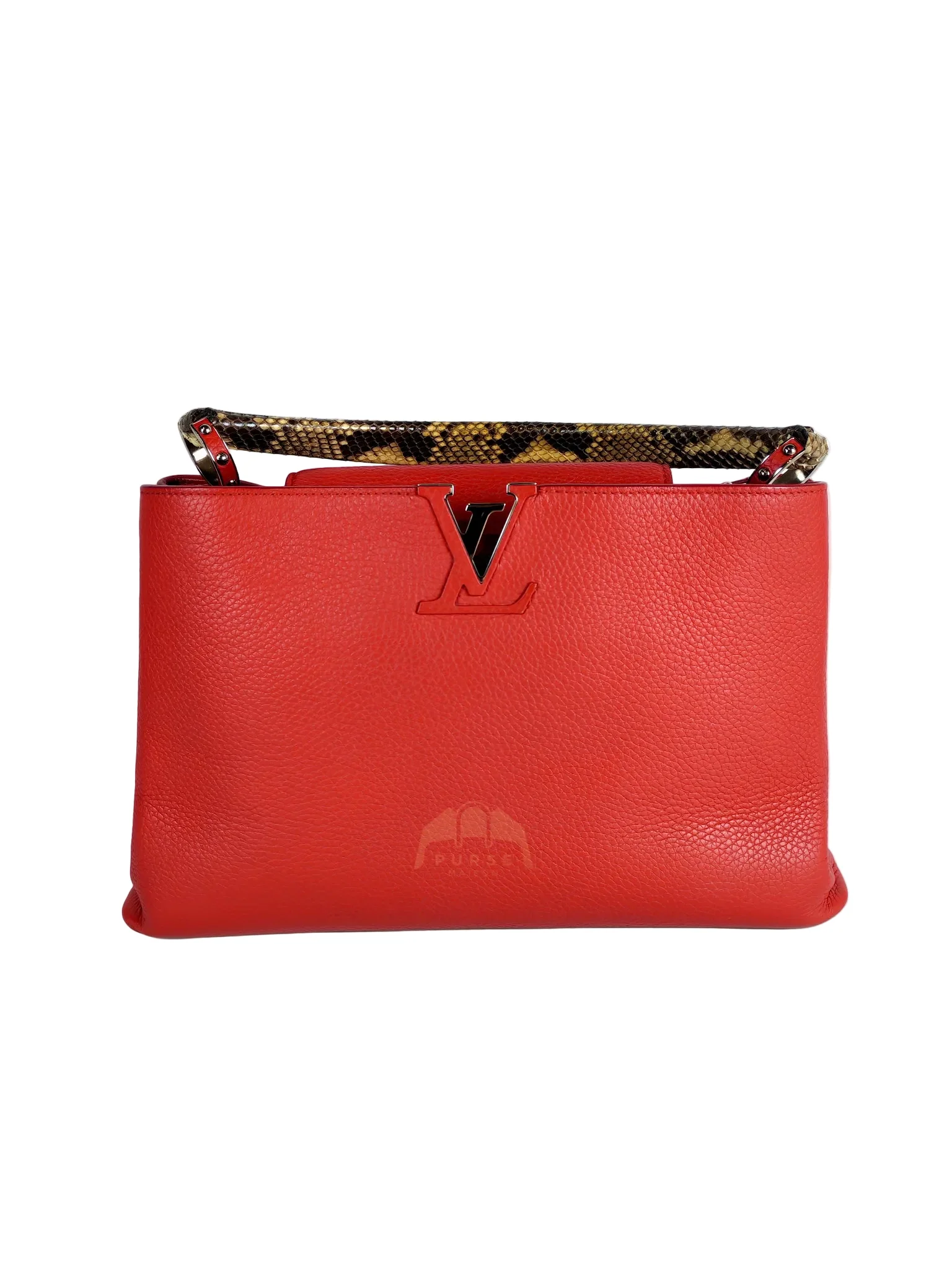 Louis Vuitton Capucines GM Red Python Handle Taurillon Clemence Leather Handbag (Date Code: MI1185)