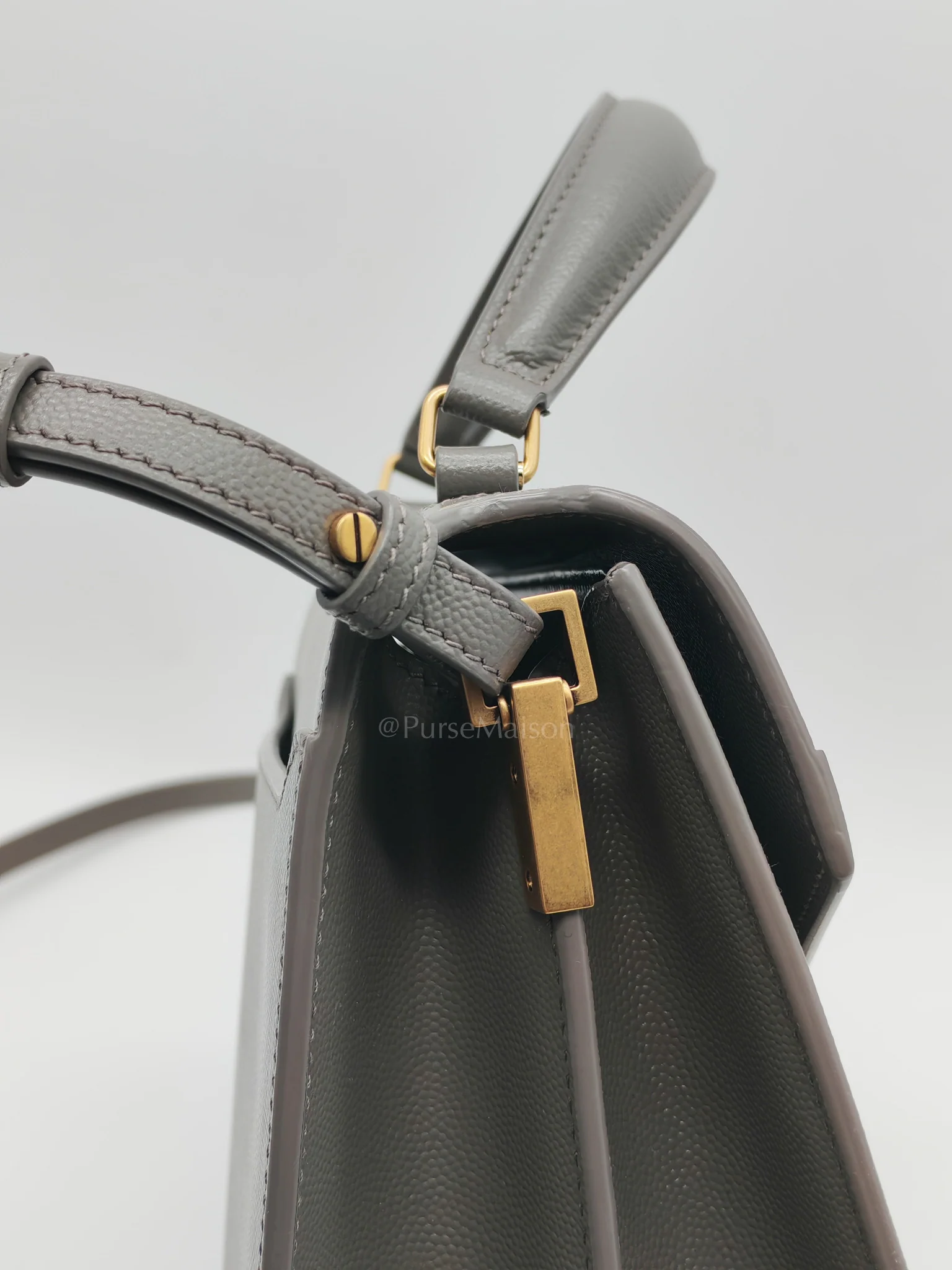 Yves Saint Laurent Cassandra Top Handle Medium in Dark Gray Grained Calfskin Leather - Image 14