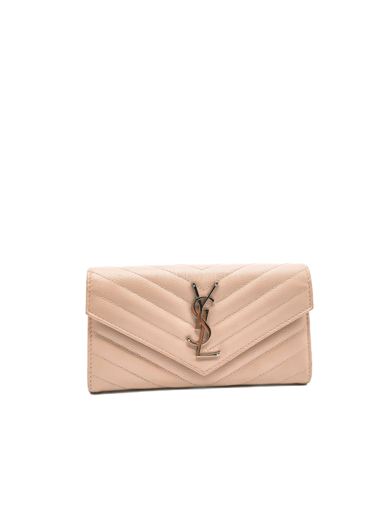 Yves Saint Laurent Long Flap Wallet in Nude Pink Grain De Poudre Leather Silver Hardware - Image 2