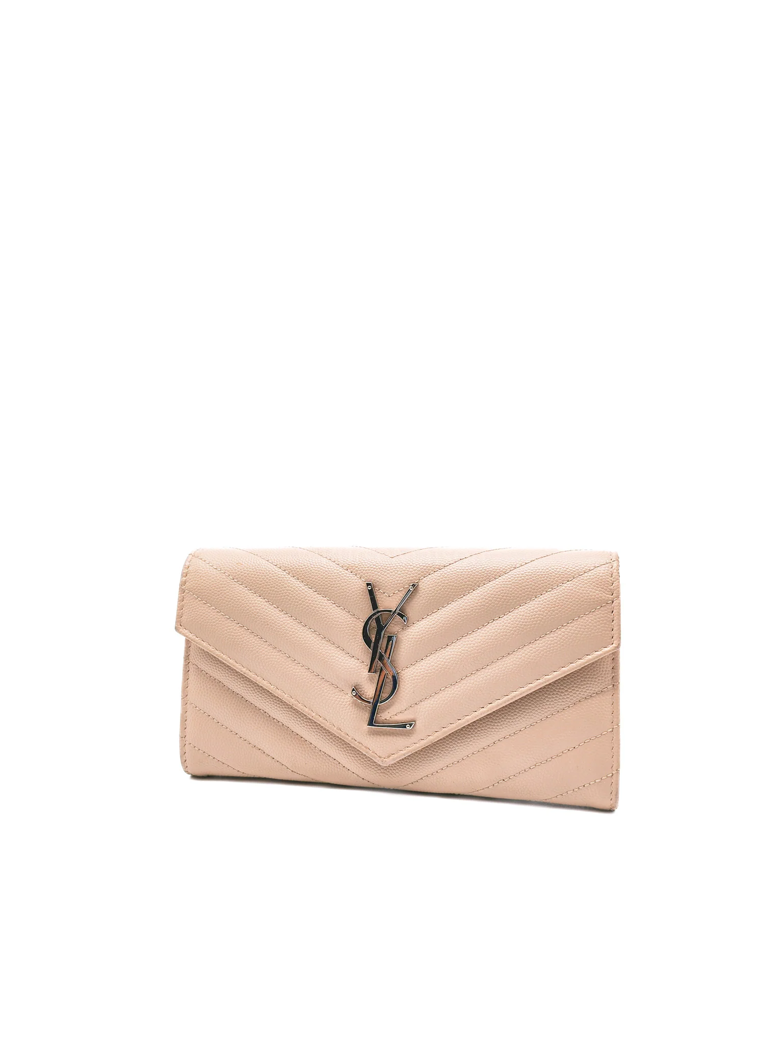 Yves Saint Laurent Long Flap Wallet in Nude Pink Grain De Poudre Leather Silver Hardware - Image 3