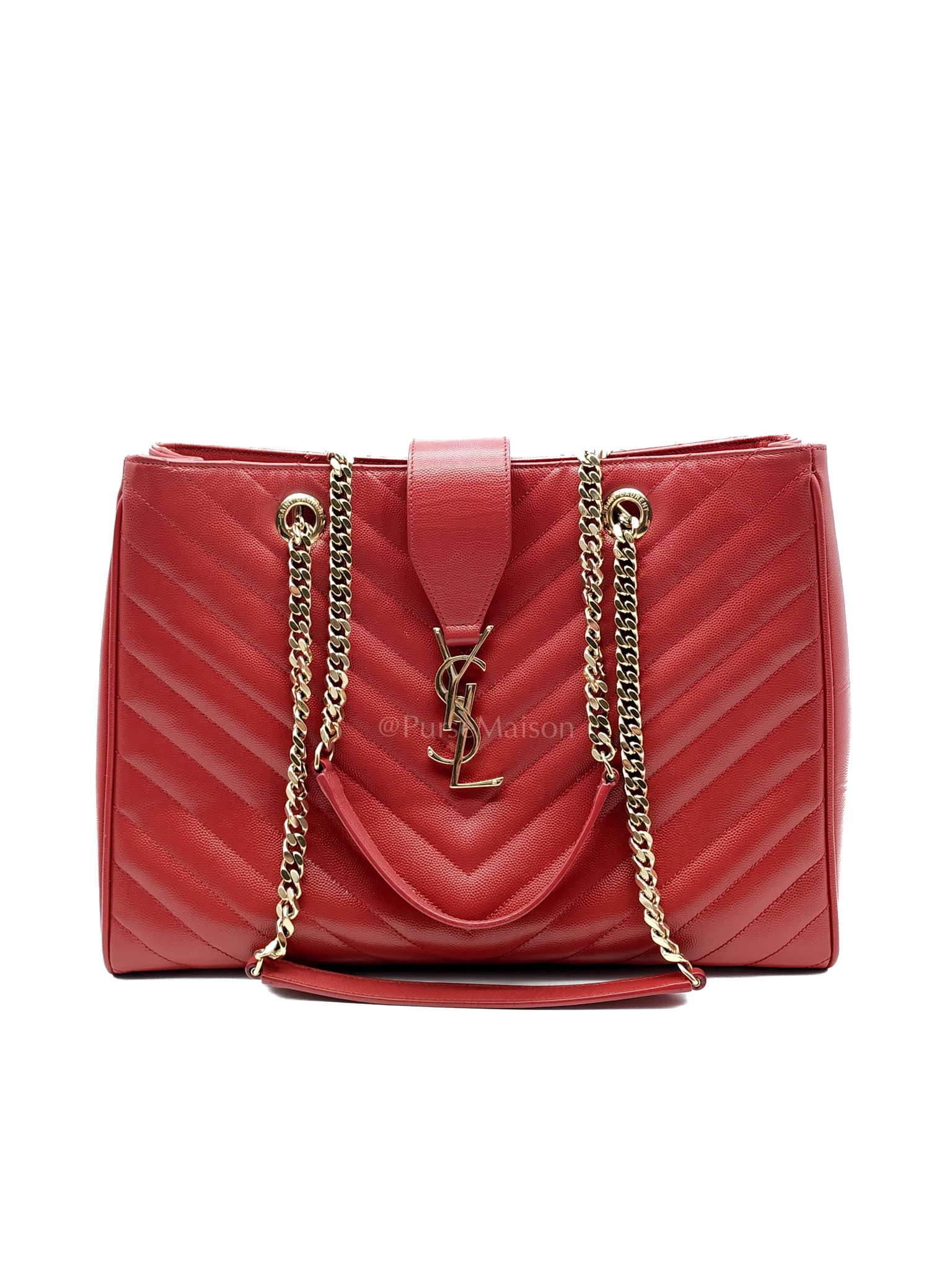 Yves Saint Laurent Cassandre Tote in Red Chevron Grained Calfskin Leather Tote Bag