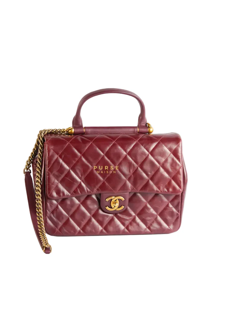 Chanel Gold Bar Top Handle Quilted Glazed Calfskin Leather in Dark Red Series 23 - Image 3