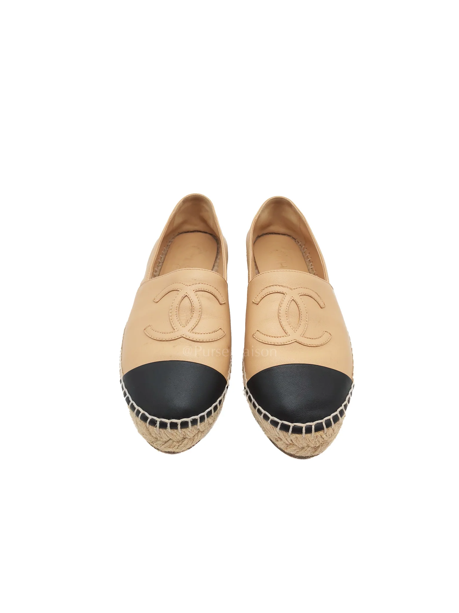 Chanel CC Espadrilles in Beige Lambskin Leather and Black Toe Size 37 EU (23.5cm) - Image 3