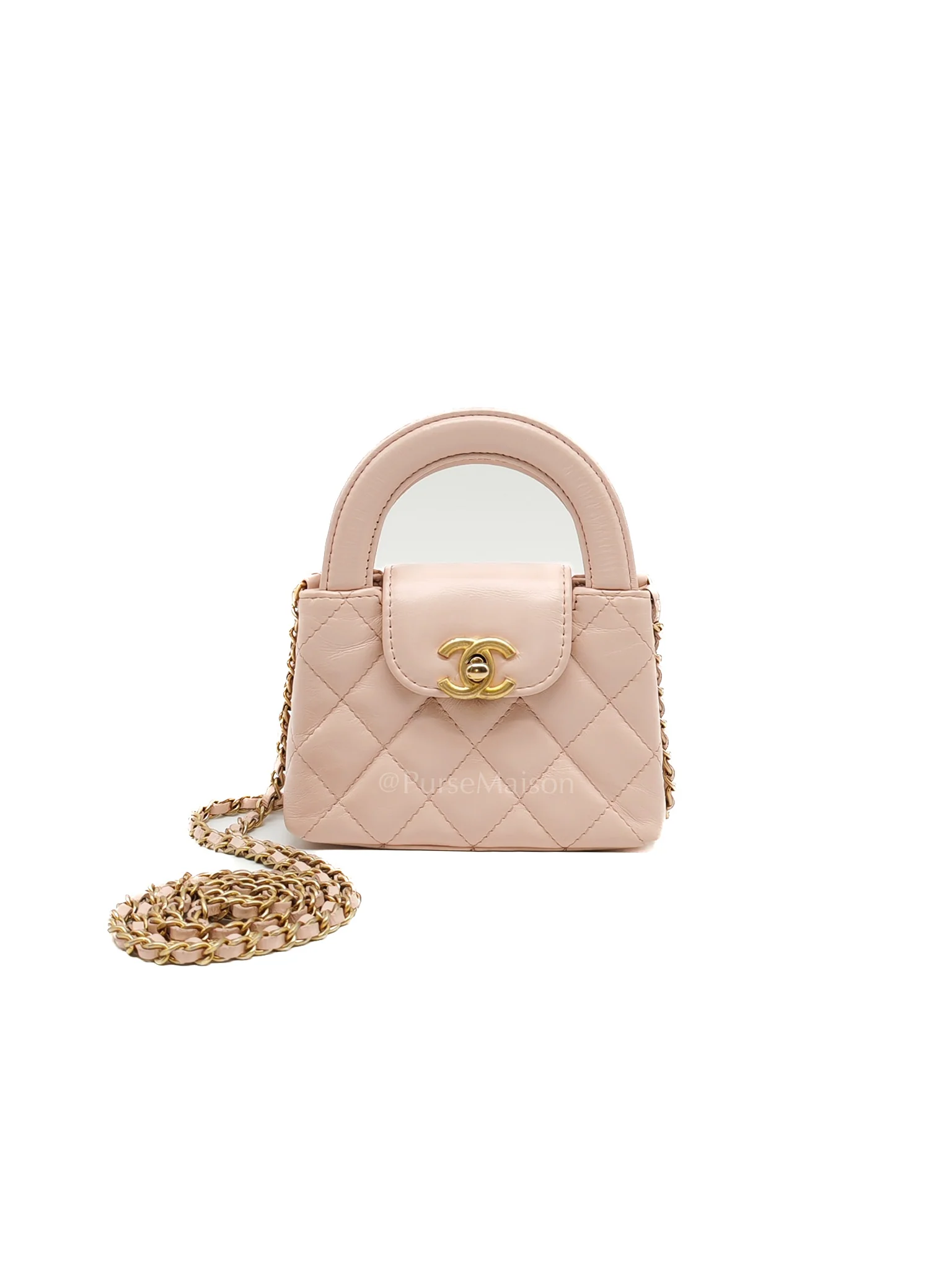 Chanel CC Kelly Micro in Light Pink Calfskin Leather in Aged Gold Hardware (Microchip)