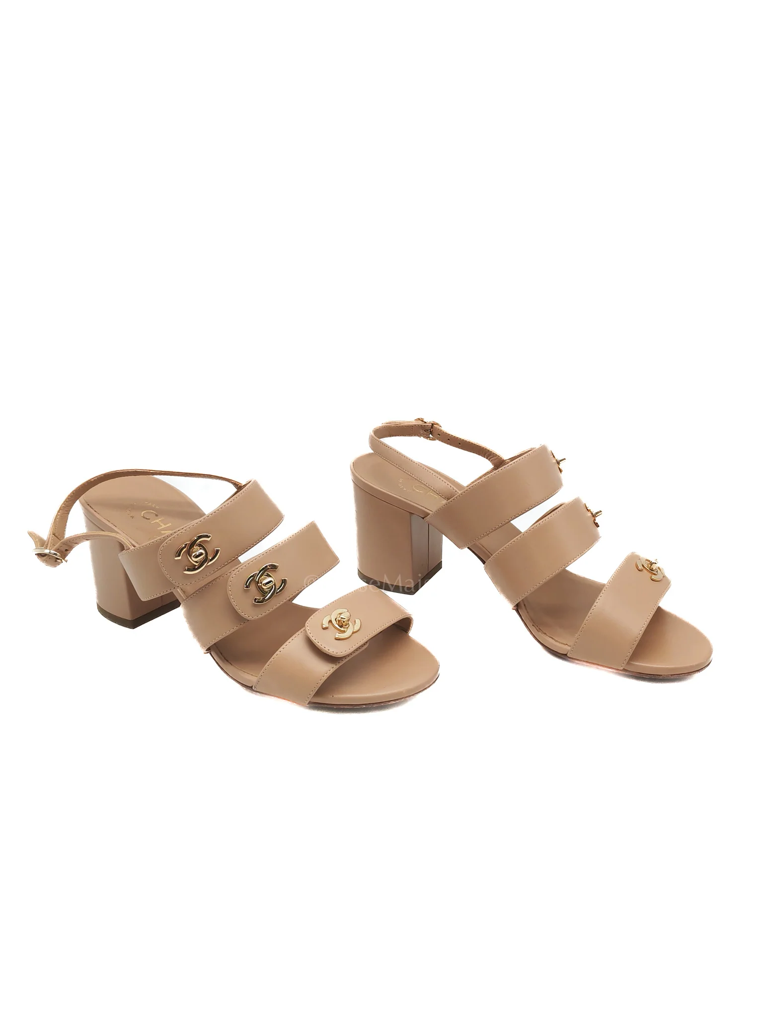 Chanel CC Turn Lock Triple Strap Sandals in Beige Calfskin Leather Light Gold Hardware Size 37.5 EU(23.5 cm) - Image 3