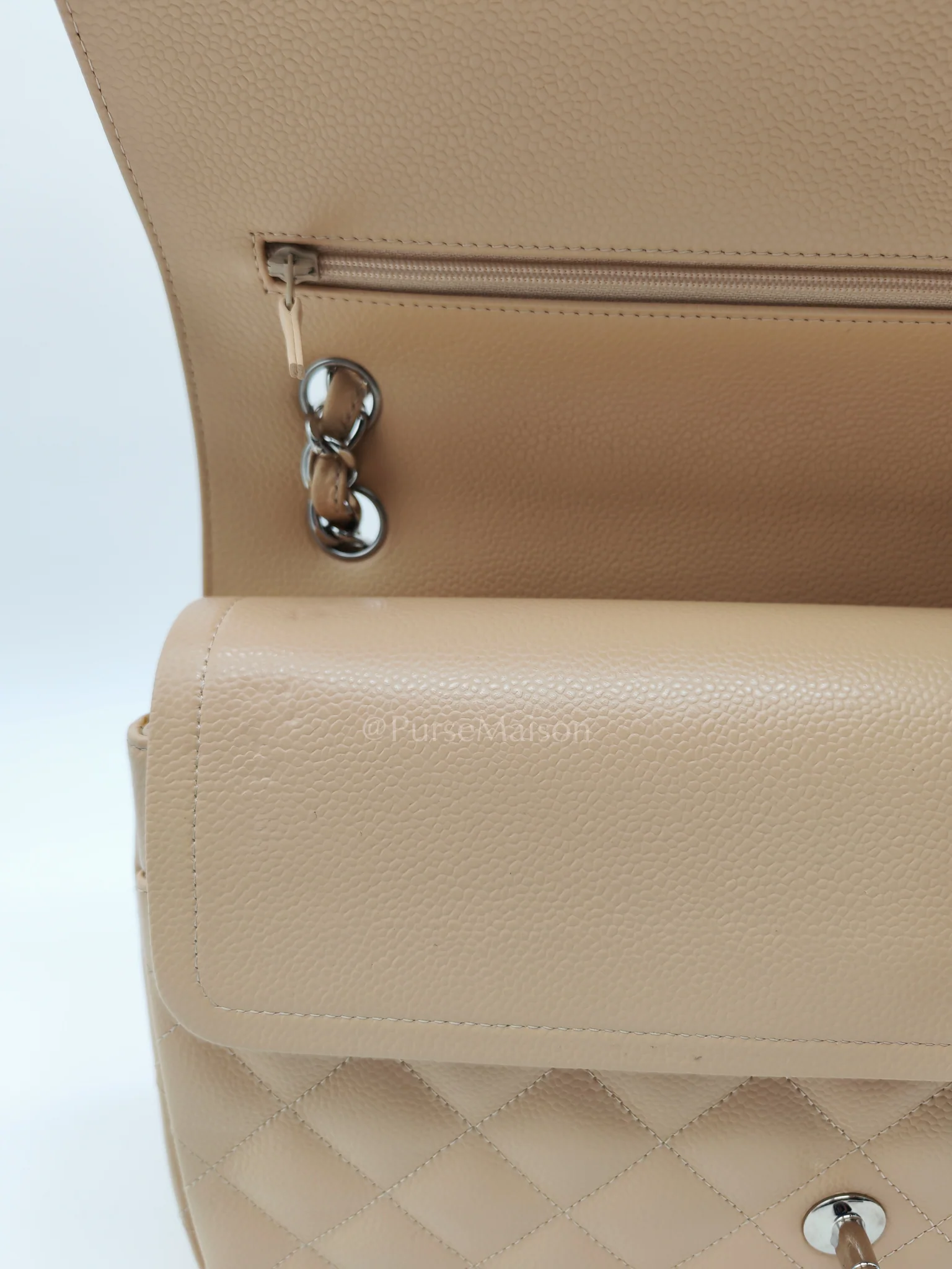 Chanel Classic Double Flap Jumbo in Beige Clair Caviar Calfskin Leather and Silver Hardware 16 - Image 20