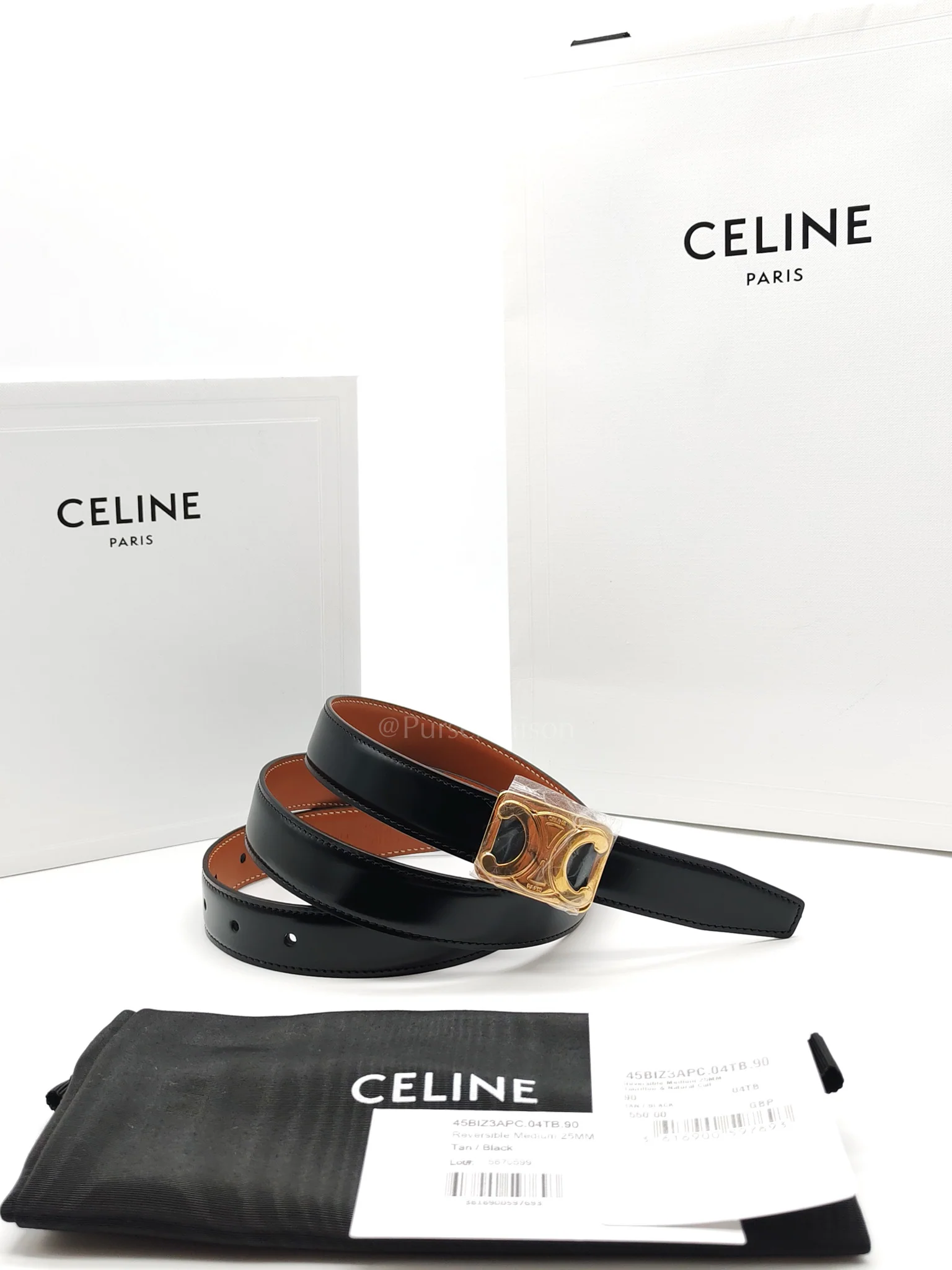 Celine Reversible Triomphe Belt in Black/Tan Calfskin Leather & Gold Hardware - Image 14