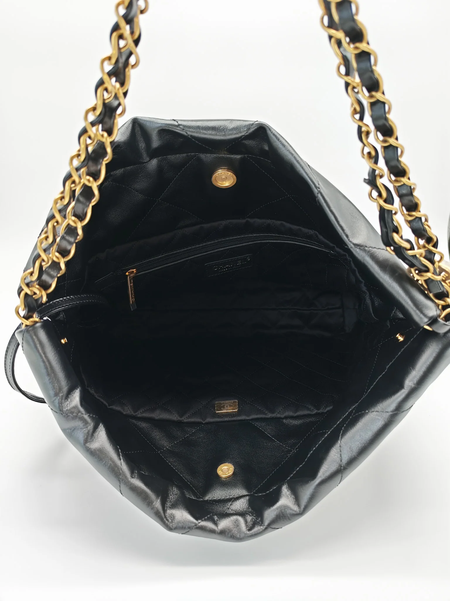 Chanel 22 Small in Black Quilted Shiny Calfskin Leather and Aged Gold Hardware (Microchip) - Image 16