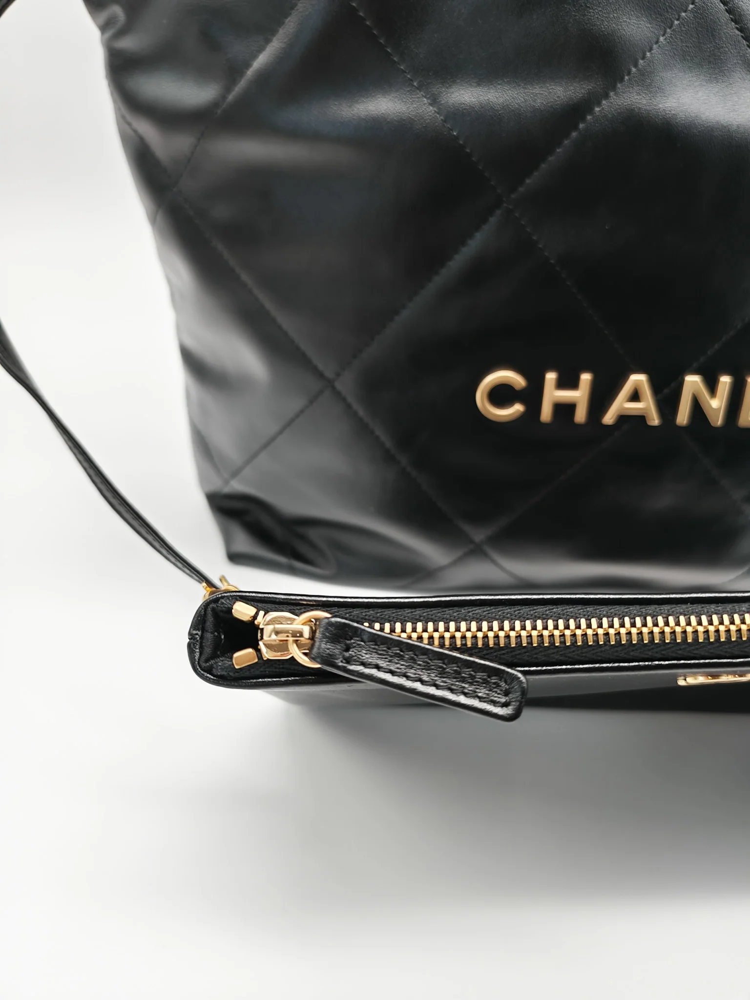 Chanel 22 Small in Black Quilted Shiny Calfskin Leather and Aged Gold Hardware (Microchip) - Image 18