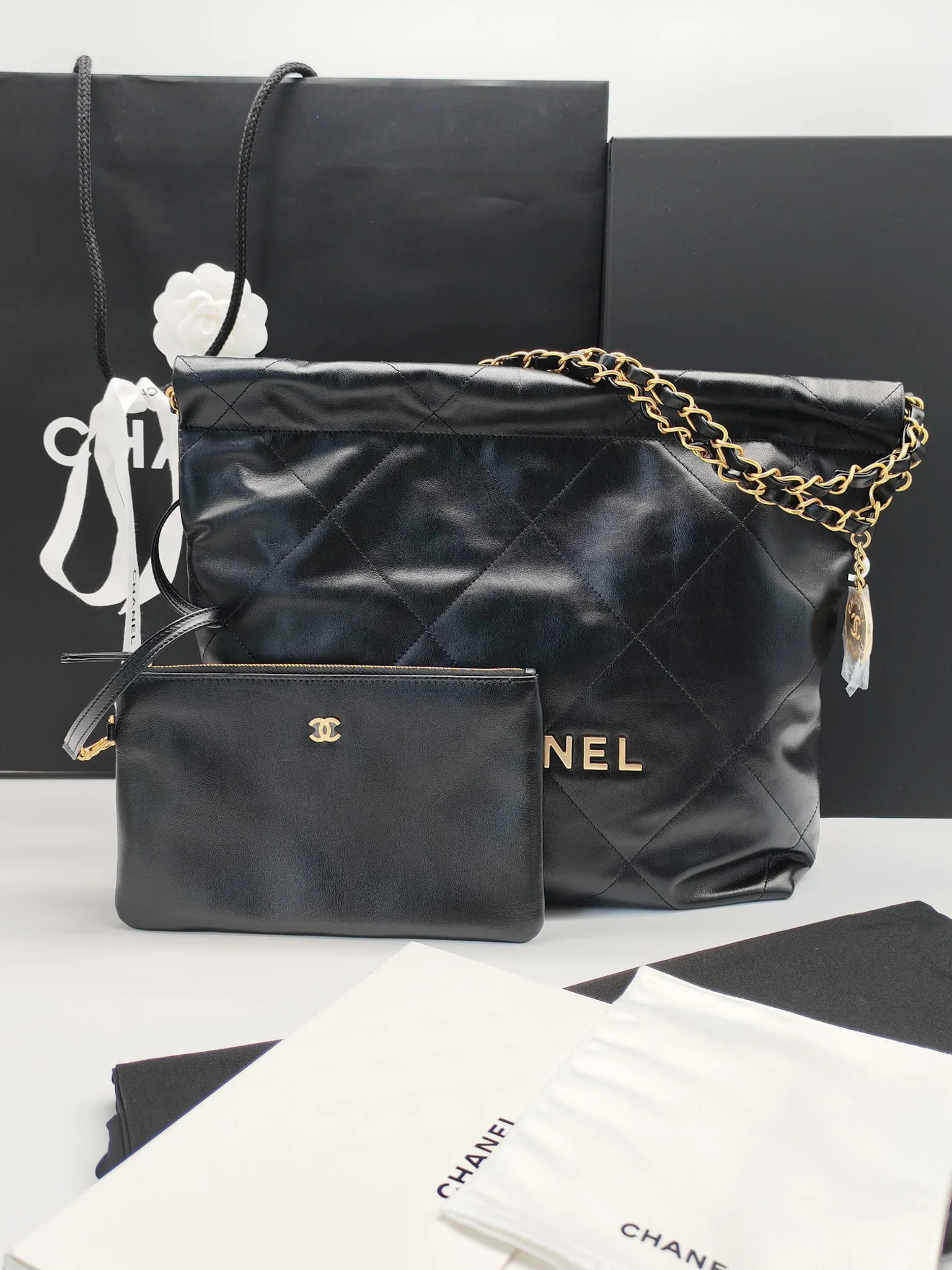 Chanel 22 Small in Black Quilted Shiny Calfskin Leather and Aged Gold Hardware (Microchip) - Image 20