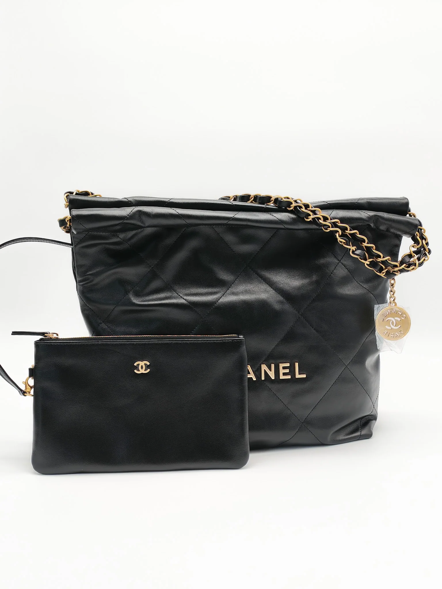 Chanel 22 Small in Black Quilted Shiny Calfskin Leather and Aged Gold Hardware (Microchip) - Image 3