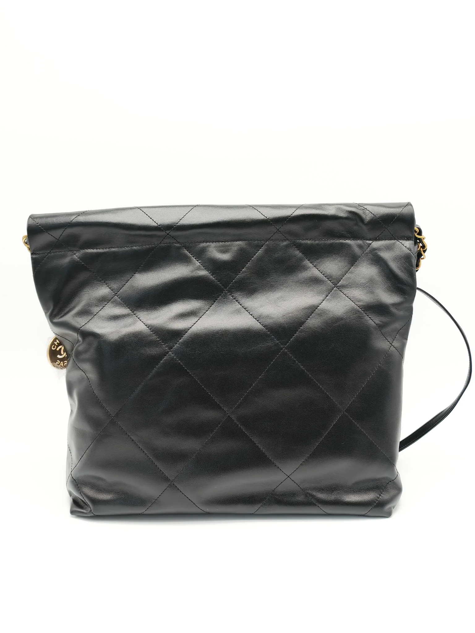 Chanel 22 Small in Black Quilted Shiny Calfskin Leather and Aged Gold Hardware (Microchip) - Image 4