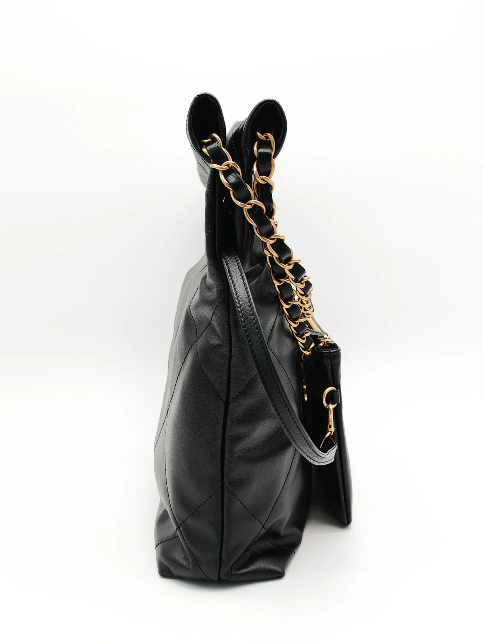 Chanel 22 Small in Black Quilted Shiny Calfskin Leather and Aged Gold Hardware (Microchip) - Image 5