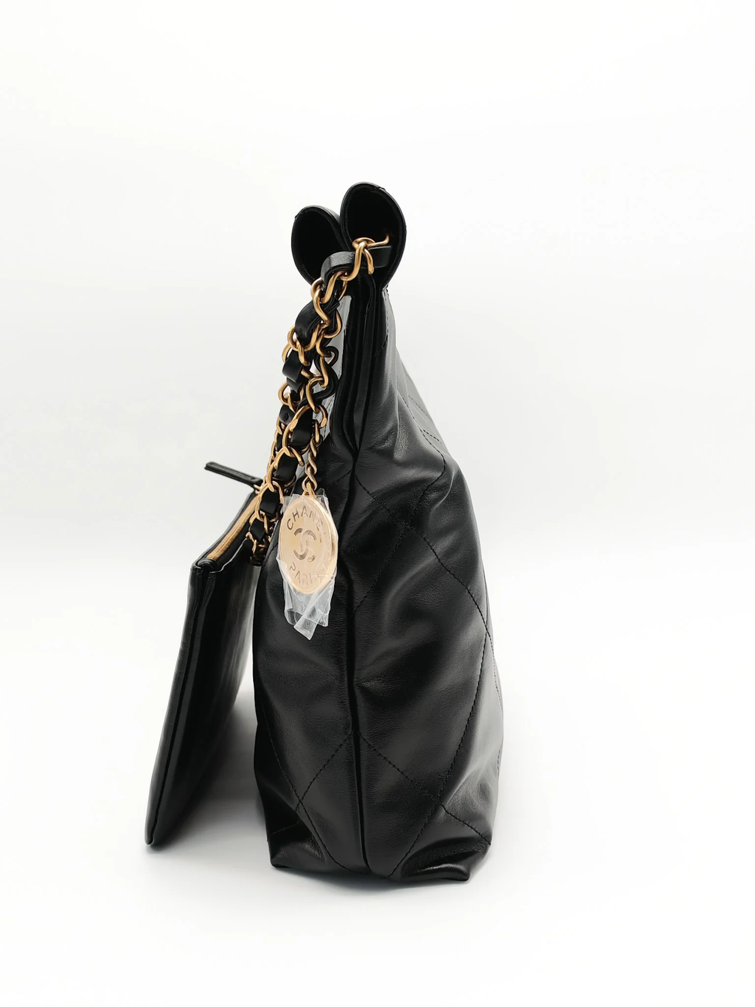 Chanel 22 Small in Black Quilted Shiny Calfskin Leather and Aged Gold Hardware (Microchip) - Image 6
